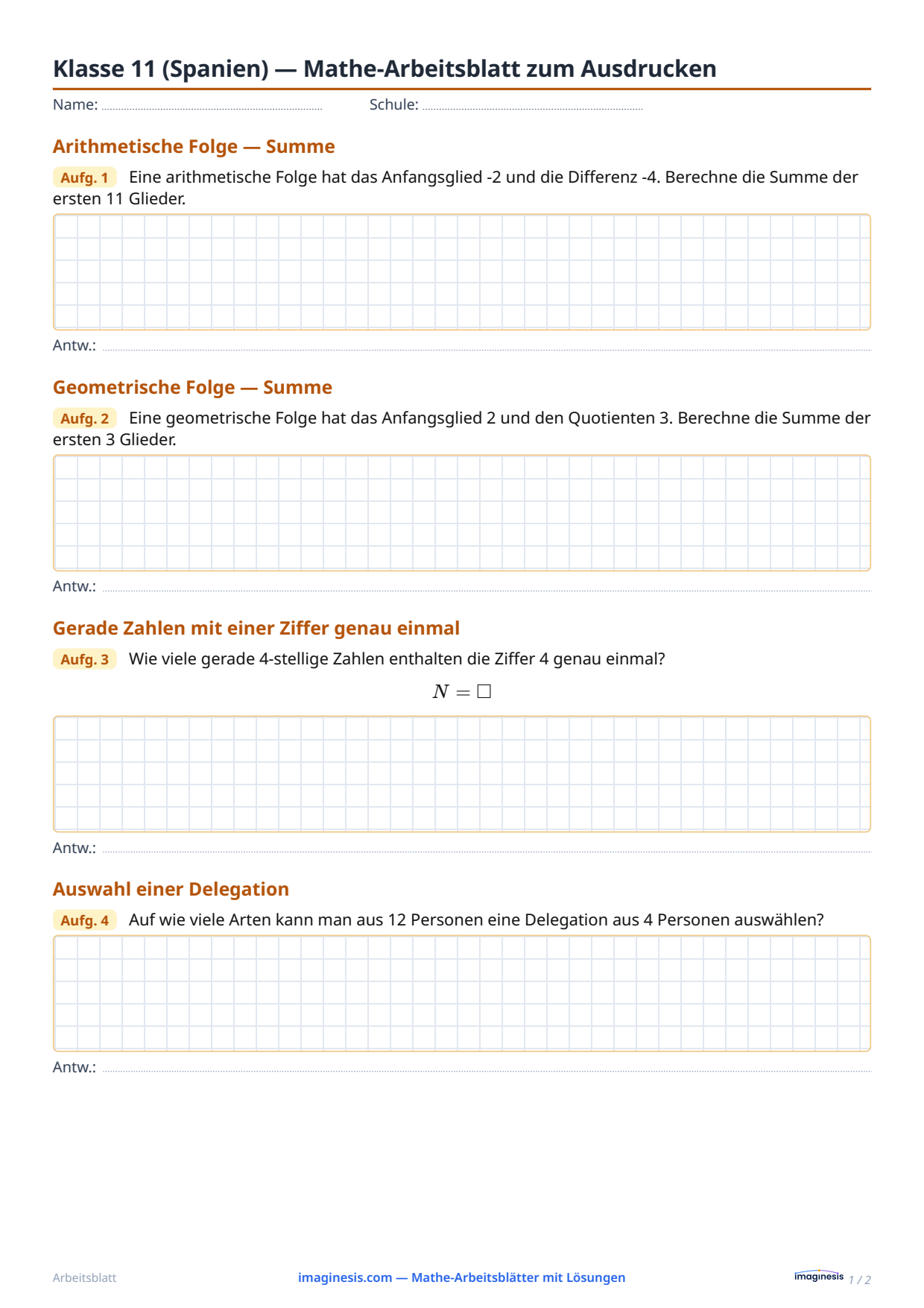 Klasse 11 (Spanien) — Mathe-Arbeitsblatt zum Ausdrucken — Schülerblatt: Mathe-Arbeitsblatt zum Ausdrucken (Klasse 11, Spanien)