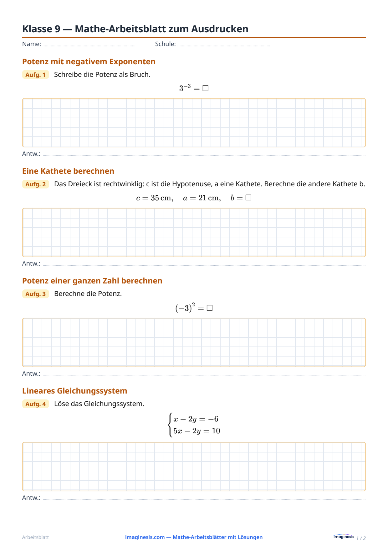 Klasse 9 — Mathe-Arbeitsblatt zum Ausdrucken — Schülerblatt: Mathe-Arbeitsblatt zum Ausdrucken (Klasse 9, Vereinigtes Königreich)
