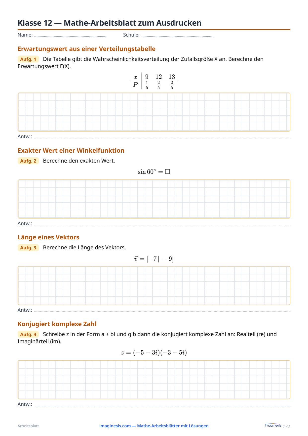 Klasse 12 — Mathe-Arbeitsblatt zum Ausdrucken — Schülerblatt: Mathe-Arbeitsblatt zum Ausdrucken (Klasse 12, Vereinigte Staaten)