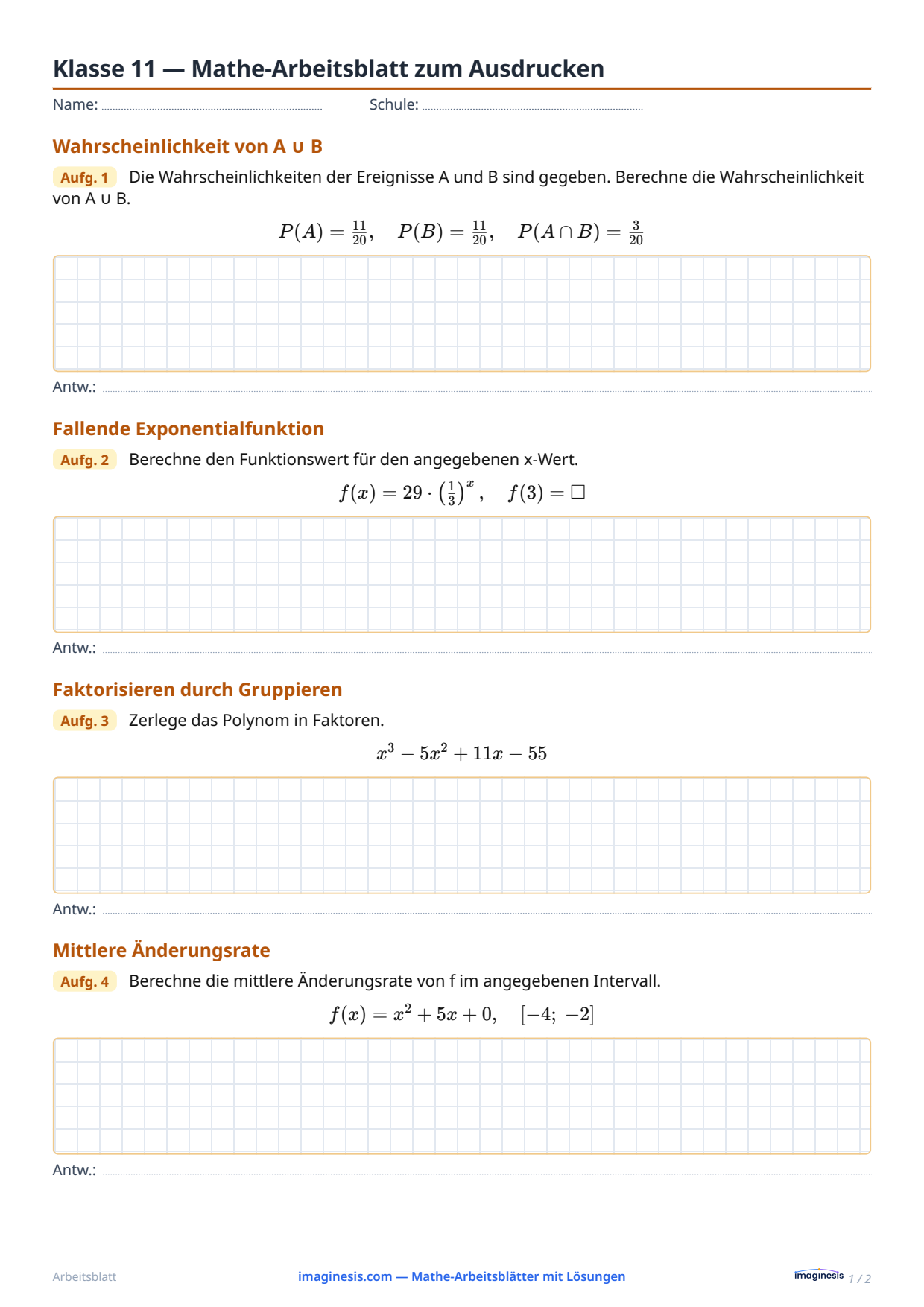Klasse 11 — Mathe-Arbeitsblatt zum Ausdrucken — Schülerblatt: Mathe-Arbeitsblatt zum Ausdrucken (Klasse 11, Vereinigtes Königreich)