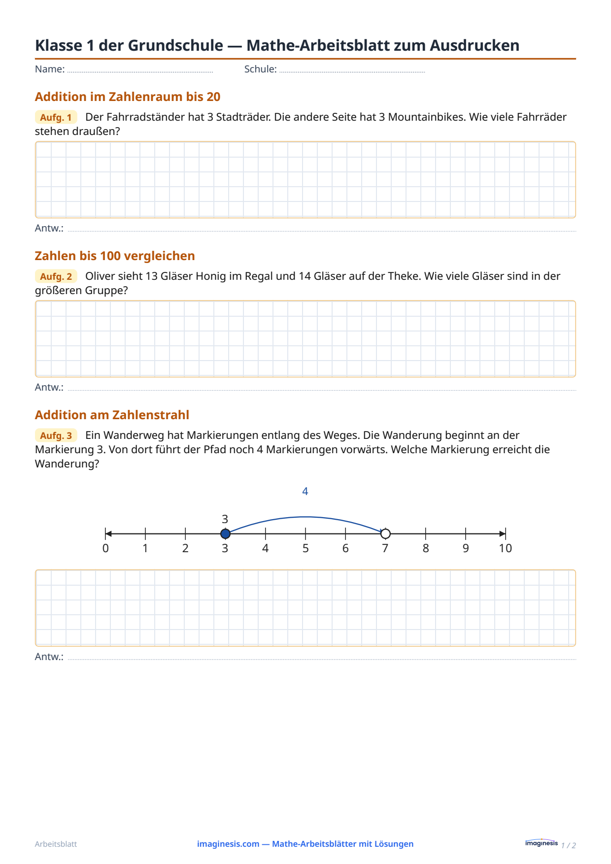 Klasse 1 (Vereinigte Staaten) — Mathe-Arbeitsblatt zum Ausdrucken — Schülerblatt: Mathe-Arbeitsblatt zum Ausdrucken (Klasse 1, Vereinigte Staaten)