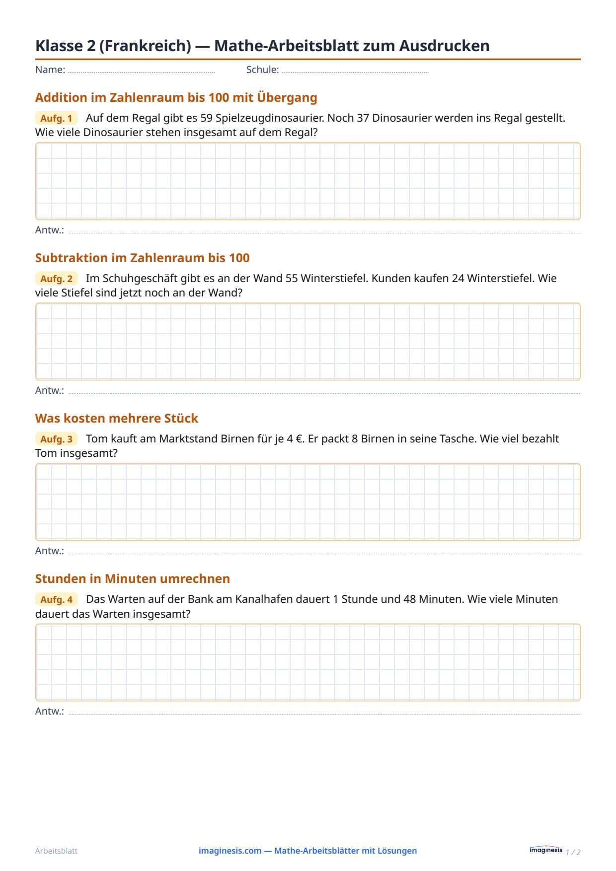 Klasse 2 (Frankreich) — Mathe-Arbeitsblatt zum Ausdrucken — Schülerblatt: Mathe-Arbeitsblatt zum Ausdrucken (Klasse 2, Frankreich)