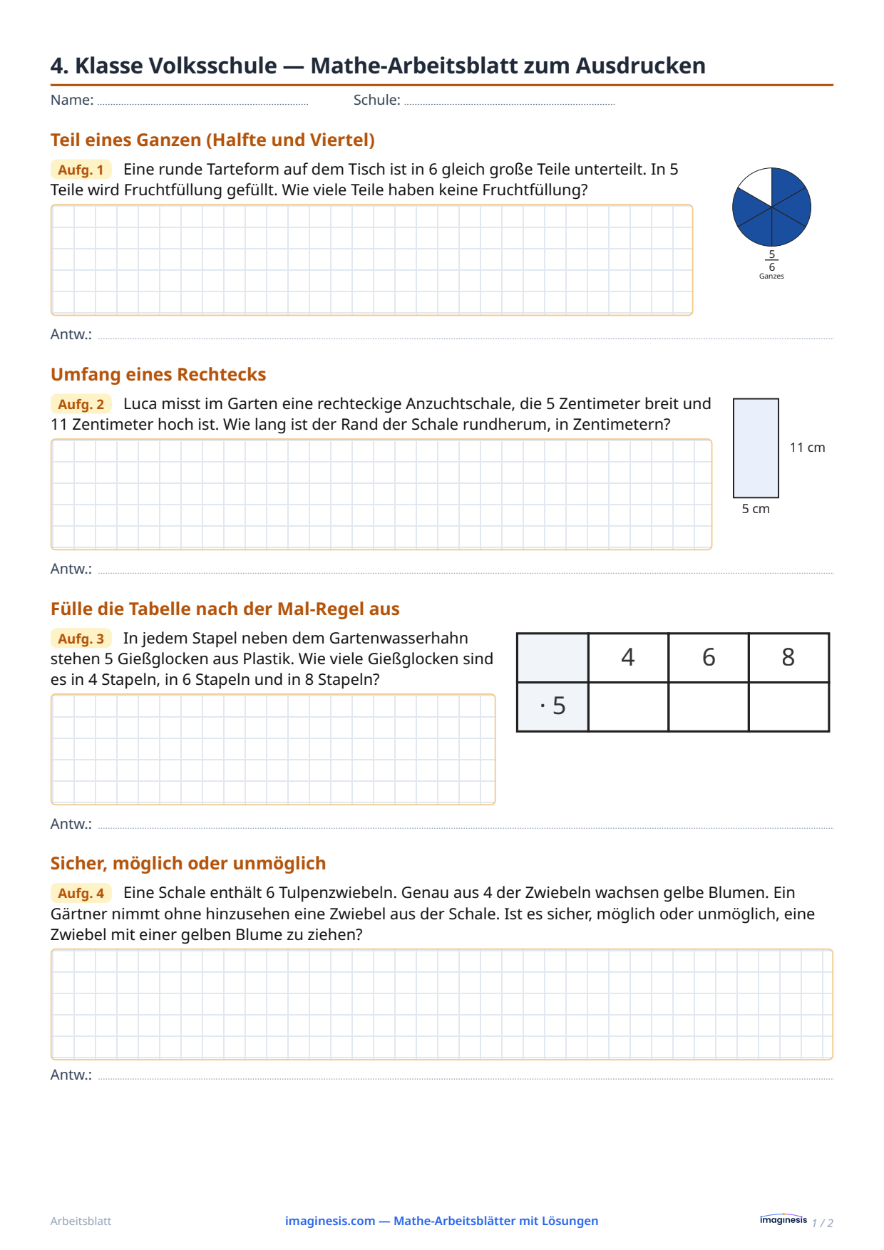 4. Klasse Volksschule — Mathe-Arbeitsblatt zum Ausdrucken — Schülerblatt: Mathe-Arbeitsblatt zum Ausdrucken (4. Klasse Volksschule, Österreich)