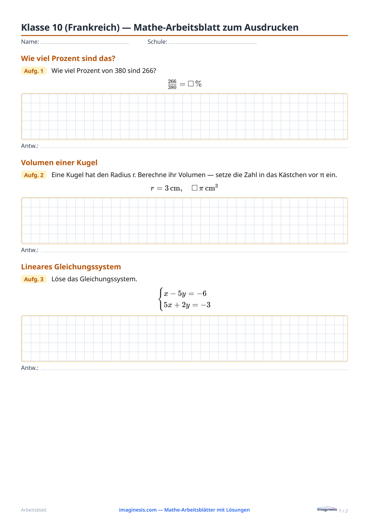 Klasse 10 (Frankreich) — Mathe-Arbeitsblatt zum Ausdrucken — Schülerblatt: Mathe-Arbeitsblatt zum Ausdrucken (Klasse 10, Frankreich)