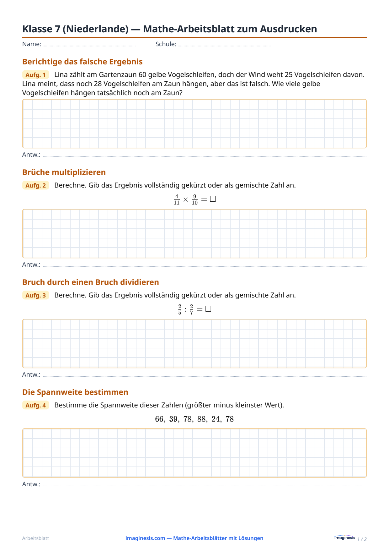 Klasse 7 (Niederlande) — Mathe-Arbeitsblatt zum Ausdrucken — Schülerblatt: Mathe-Arbeitsblatt zum Ausdrucken (Klasse 7, Niederlande)