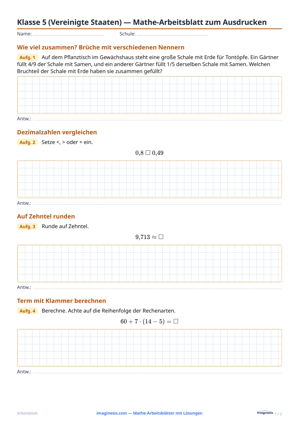 Klasse 5 (Vereinigte Staaten) — Mathe-Arbeitsblatt zum Ausdrucken — Schülerblatt: Mathe-Arbeitsblatt zum Ausdrucken (Klasse 5, Vereinigte Staaten)