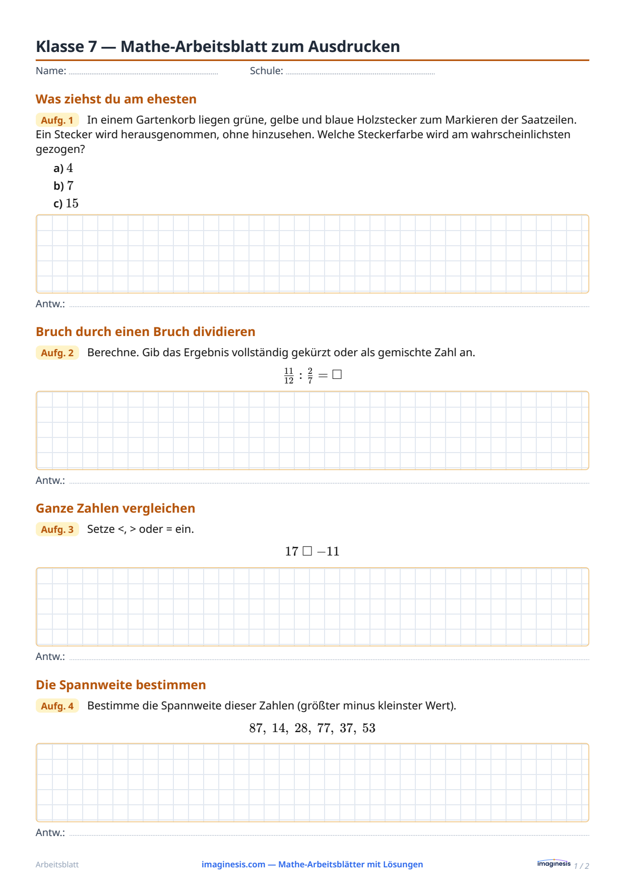 Klasse 7 — Mathe-Arbeitsblatt zum Ausdrucken — Schülerblatt: Mathe-Arbeitsblatt zum Ausdrucken (Klasse 7, Vereinigtes Königreich)