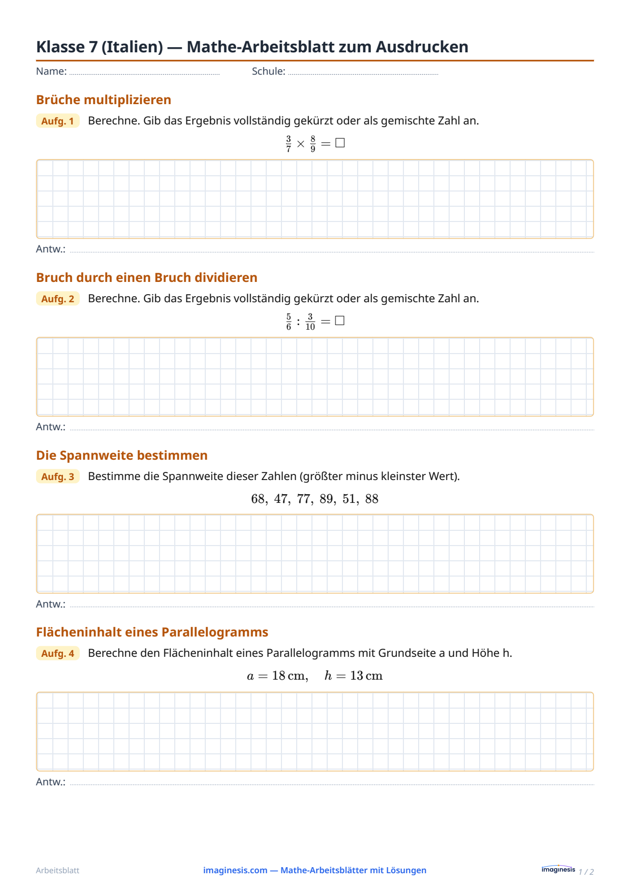 Klasse 7 (Italien) — Mathe-Arbeitsblatt zum Ausdrucken — Schülerblatt: Mathe-Arbeitsblatt zum Ausdrucken (Klasse 7, Italien)