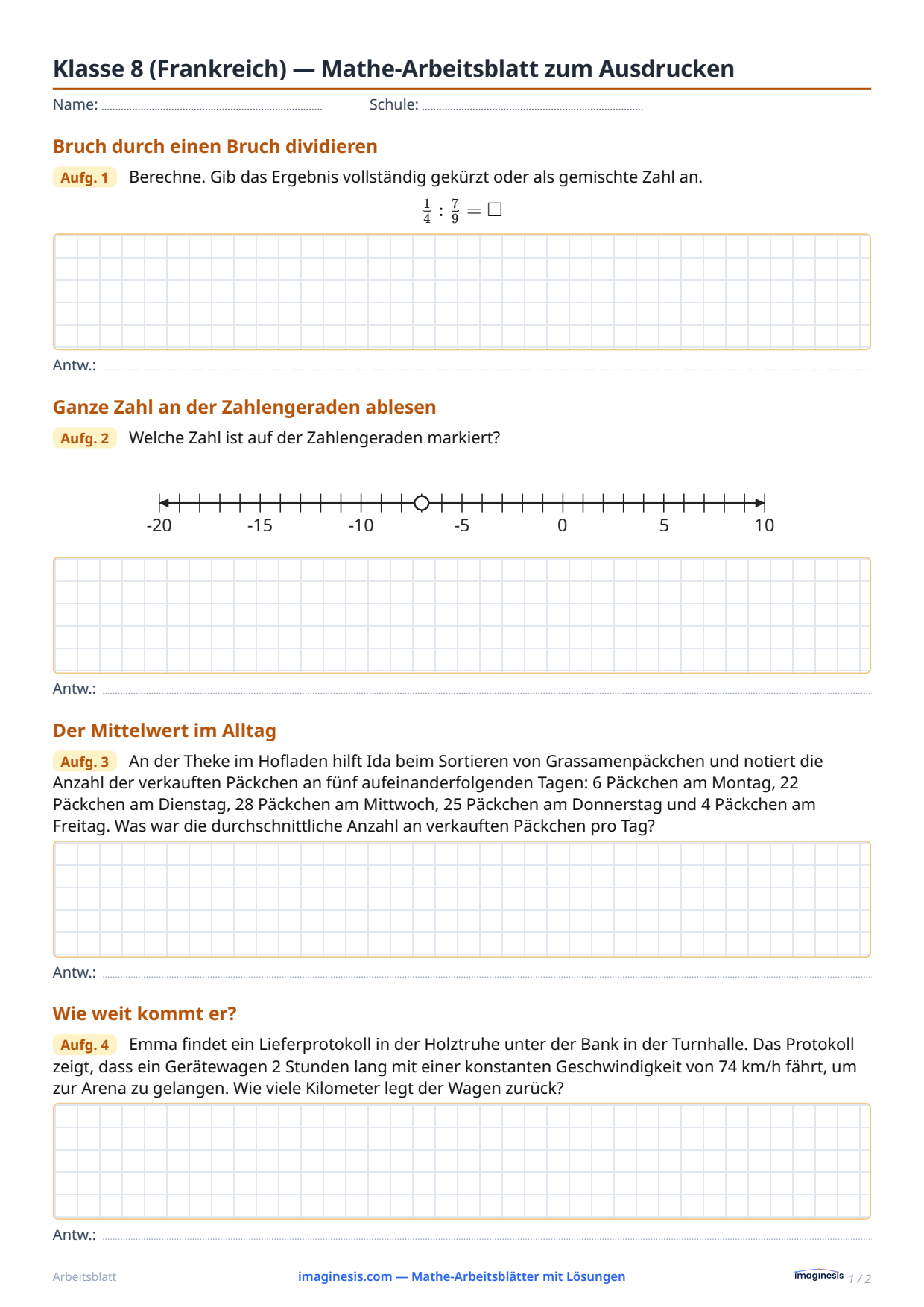 Klasse 8 (Frankreich) — Mathe-Arbeitsblatt zum Ausdrucken — Schülerblatt: Mathe-Arbeitsblatt zum Ausdrucken (Klasse 8, Frankreich)