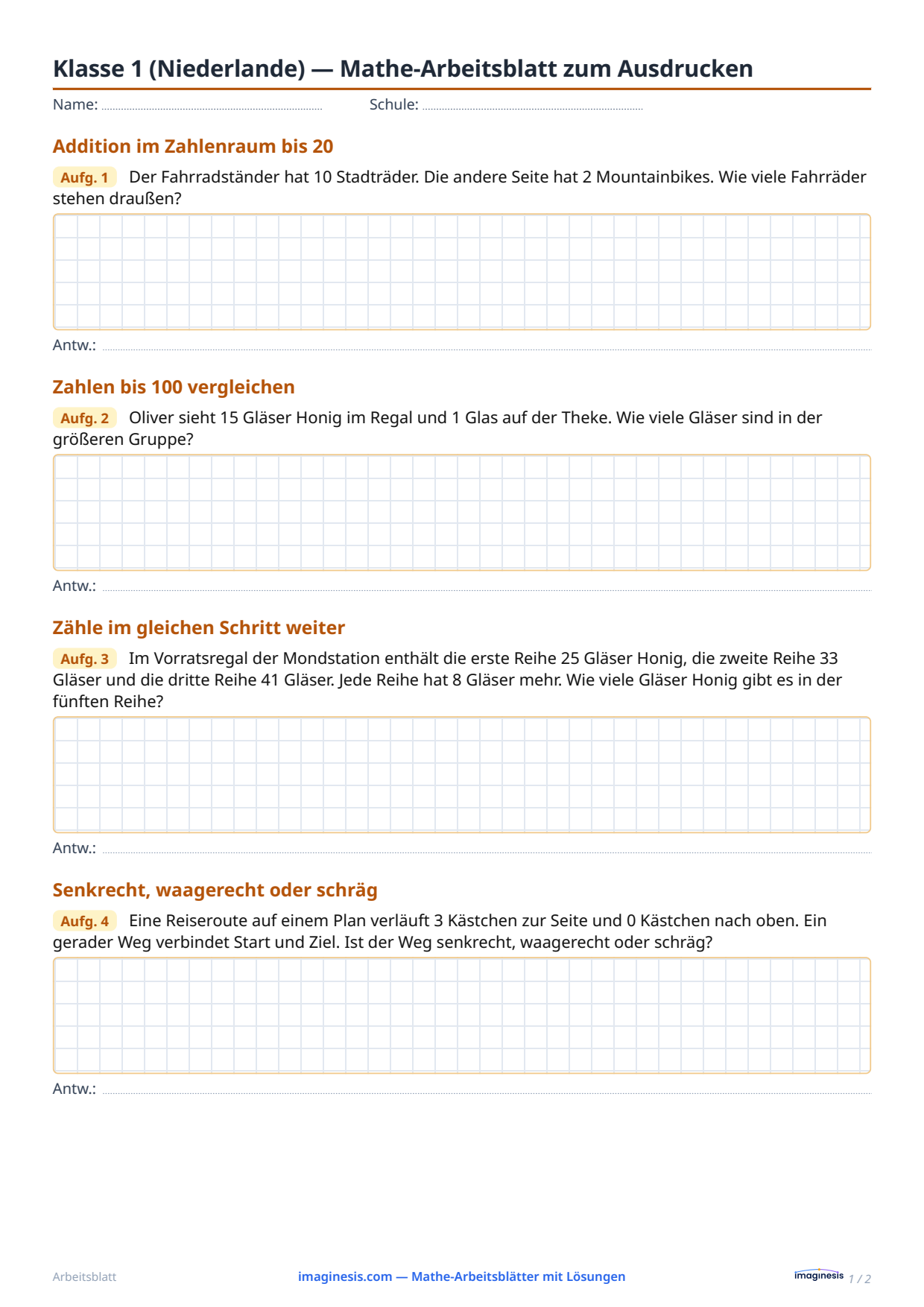 Klasse 1 (Niederlande) — Mathe-Arbeitsblatt zum Ausdrucken — Schülerblatt: Mathe-Arbeitsblatt zum Ausdrucken (Klasse 1, Niederlande)