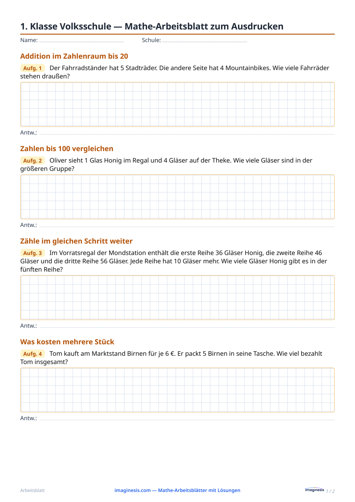 1. Klasse Volksschule — Mathe-Arbeitsblatt zum Ausdrucken — Schülerblatt: Mathe-Arbeitsblatt zum Ausdrucken (1. Klasse Volksschule, Österreich)
