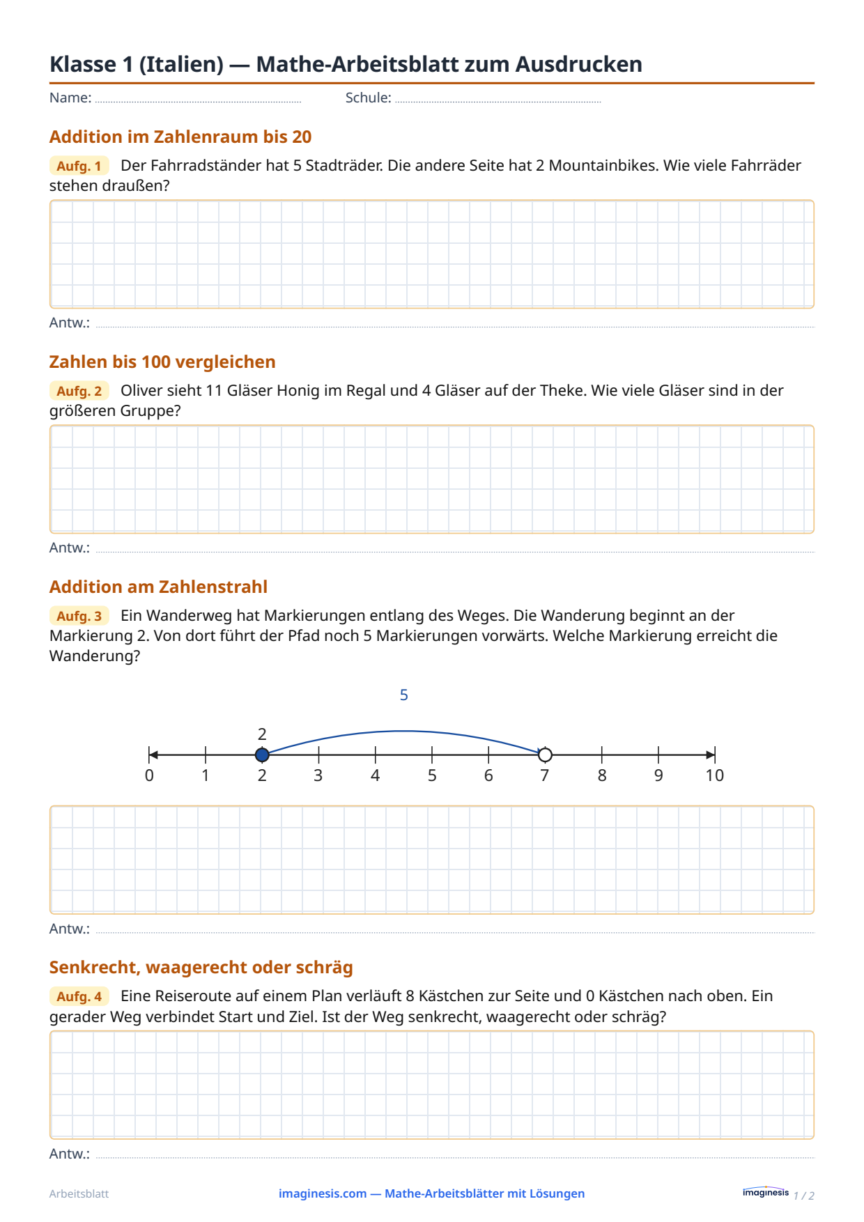 Klasse 1 (Italien) — Mathe-Arbeitsblatt zum Ausdrucken — Schülerblatt: Mathe-Arbeitsblatt zum Ausdrucken (Klasse 1, Italien)