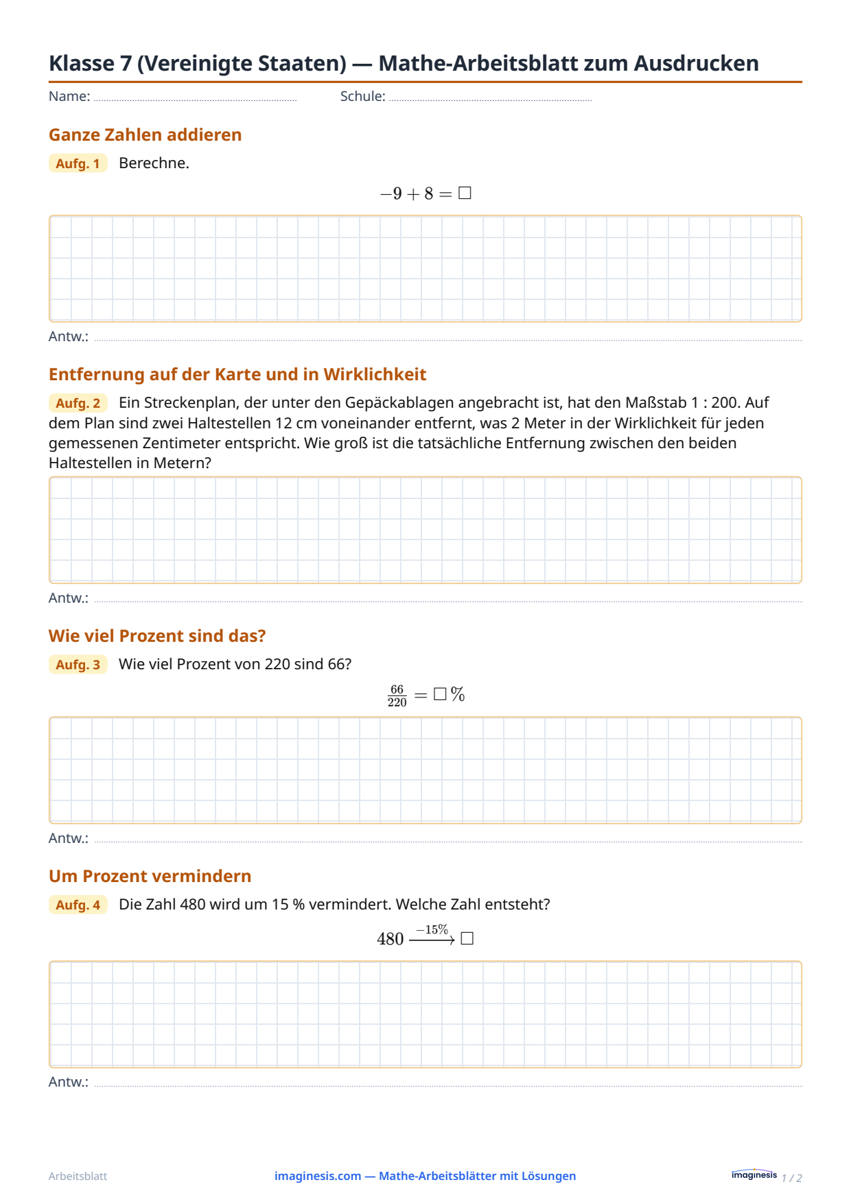 Klasse 7 (Vereinigte Staaten) — Mathe-Arbeitsblatt zum Ausdrucken — Schülerblatt: Mathe-Arbeitsblatt zum Ausdrucken (Klasse 7, Vereinigte Staaten)