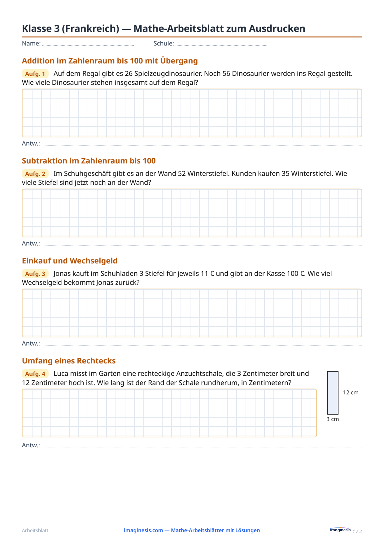 Klasse 3 (Frankreich) — Mathe-Arbeitsblatt zum Ausdrucken — Schülerblatt: Mathe-Arbeitsblatt zum Ausdrucken (Klasse 3, Frankreich)