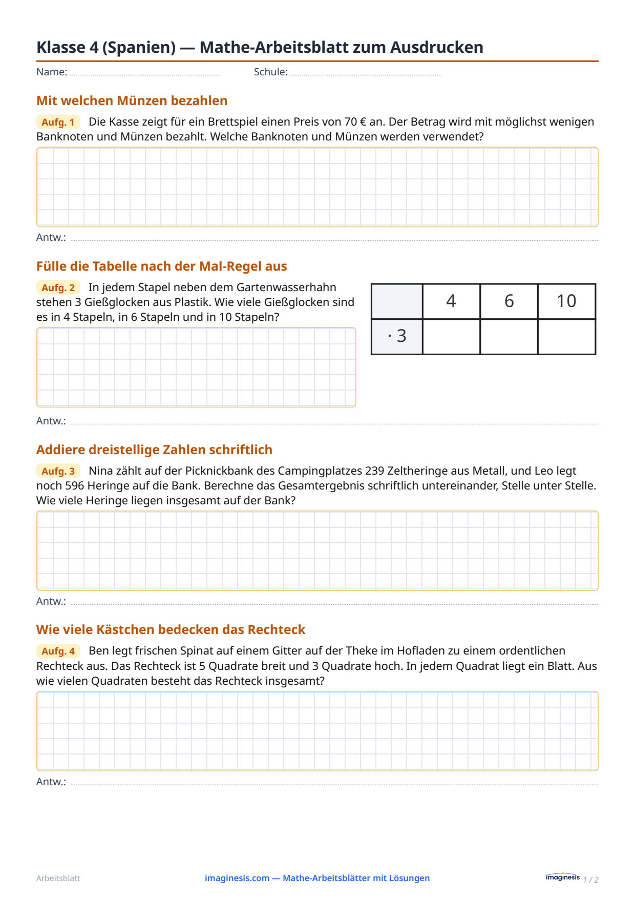 Klasse 4 (Spanien) — Mathe-Arbeitsblatt zum Ausdrucken — Schülerblatt: Mathe-Arbeitsblatt zum Ausdrucken (Klasse 4, Spanien)