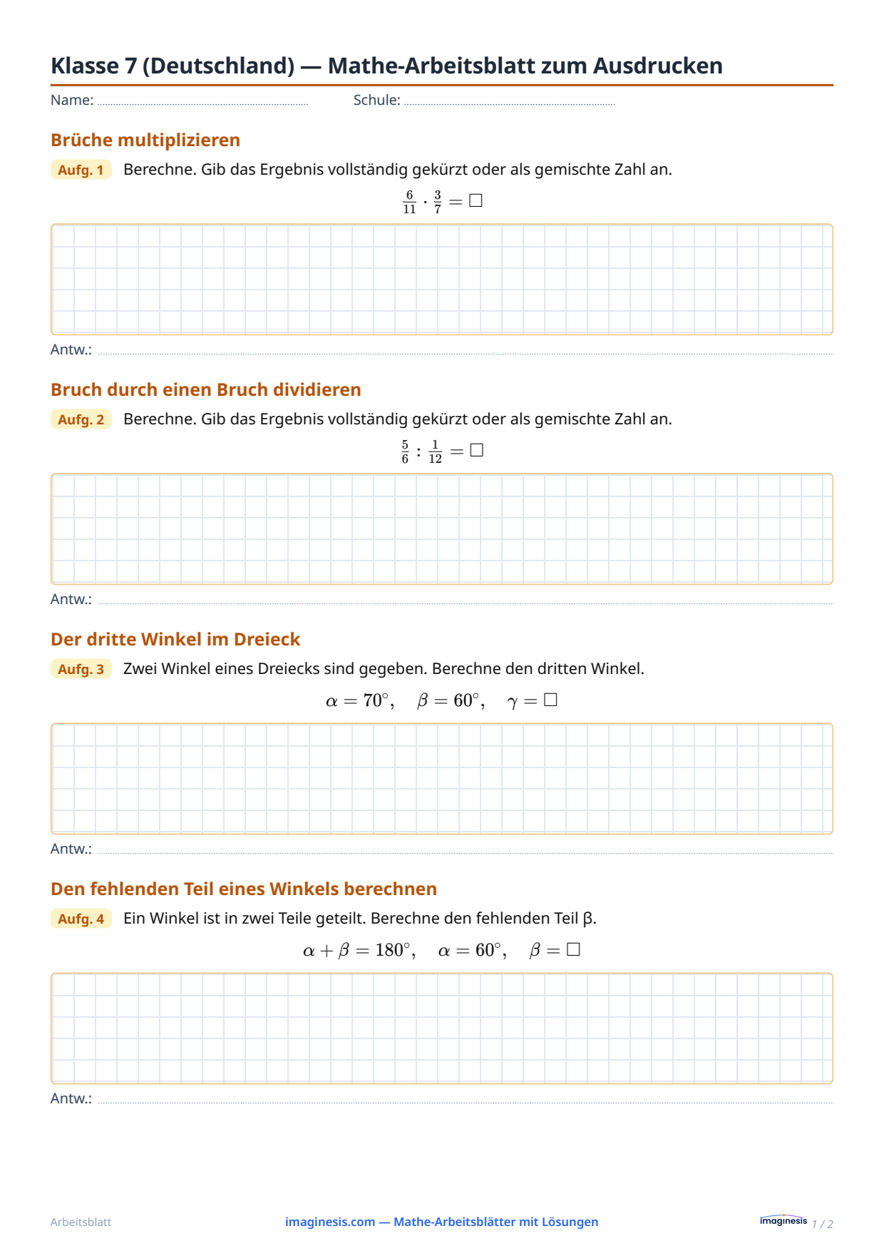 Klasse 7 (Deutschland) — Mathe-Arbeitsblatt zum Ausdrucken — Schülerblatt: Mathe-Arbeitsblatt zum Ausdrucken (Klasse 7, Deutschland)