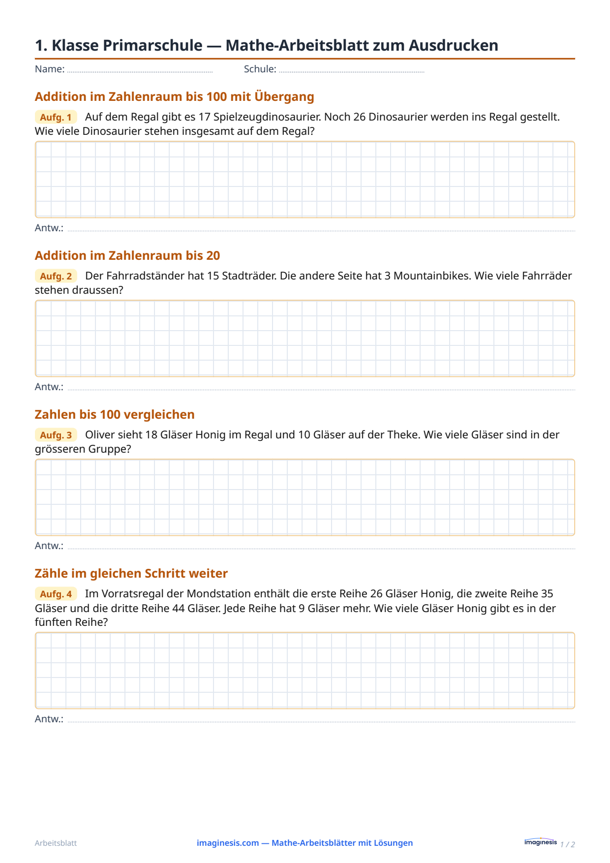 1. Klasse Primarschule — Mathe-Arbeitsblatt zum Ausdrucken — Schülerblatt: Mathe-Arbeitsblatt zum Ausdrucken (1. Klasse Primarschule, Schweiz)