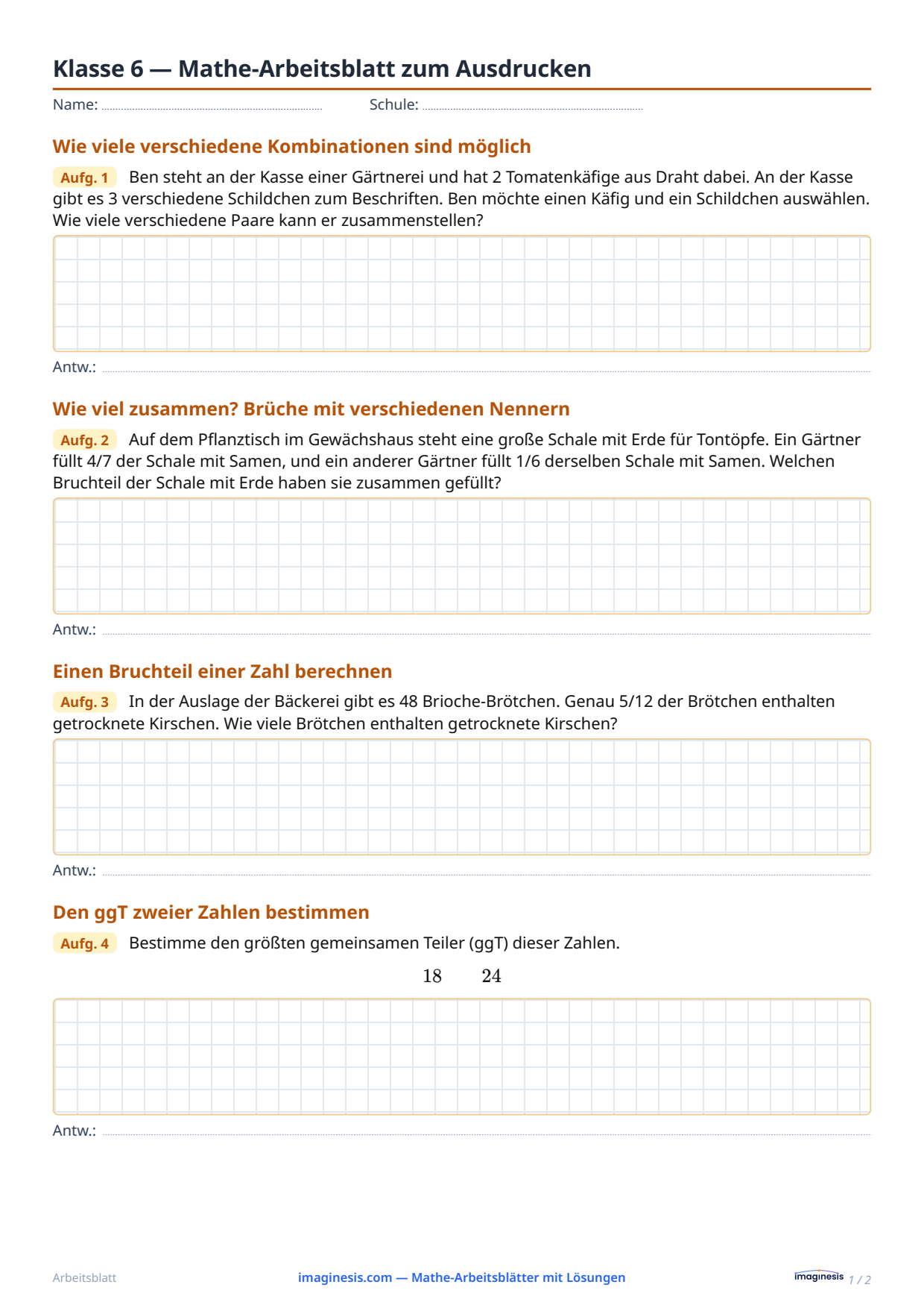 Klasse 6 — Mathe-Arbeitsblatt zum Ausdrucken — Schülerblatt: Mathe-Arbeitsblatt zum Ausdrucken (Klasse 6, Vereinigtes Königreich)