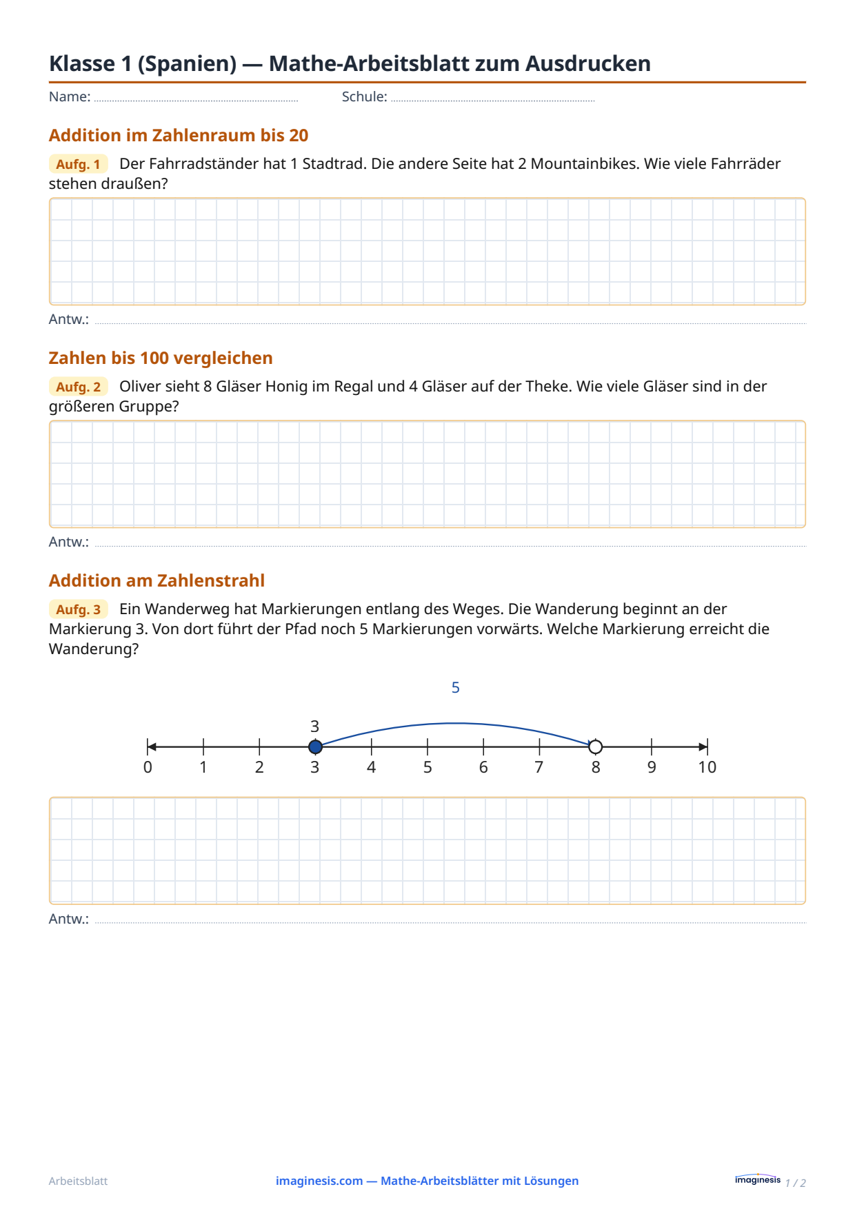 Klasse 1 (Spanien) — Mathe-Arbeitsblatt zum Ausdrucken — Schülerblatt: Mathe-Arbeitsblatt zum Ausdrucken (Klasse 1, Spanien)