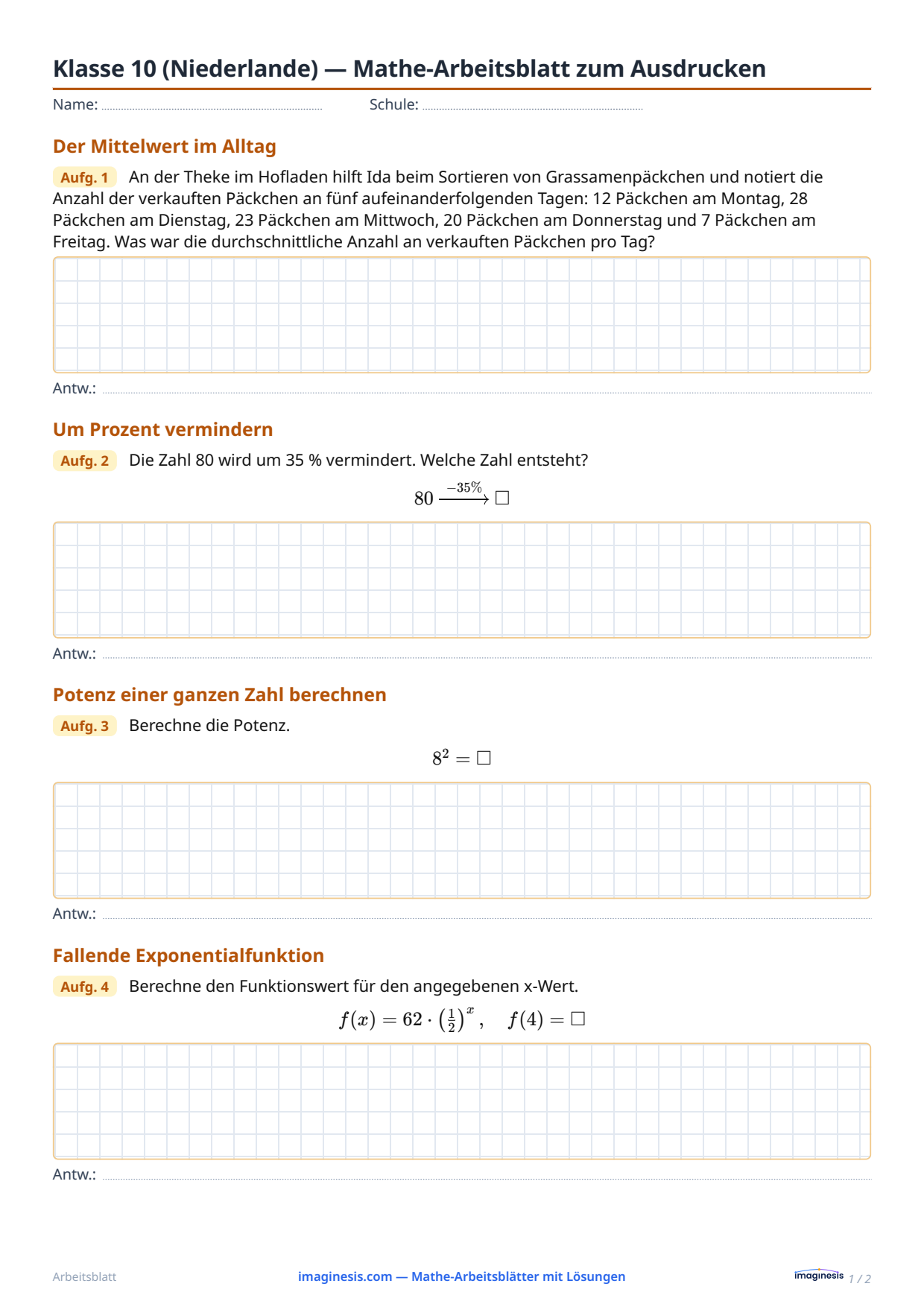 Klasse 10 (Niederlande) — Mathe-Arbeitsblatt zum Ausdrucken — Schülerblatt: Mathe-Arbeitsblatt zum Ausdrucken (Klasse 10, Niederlande)