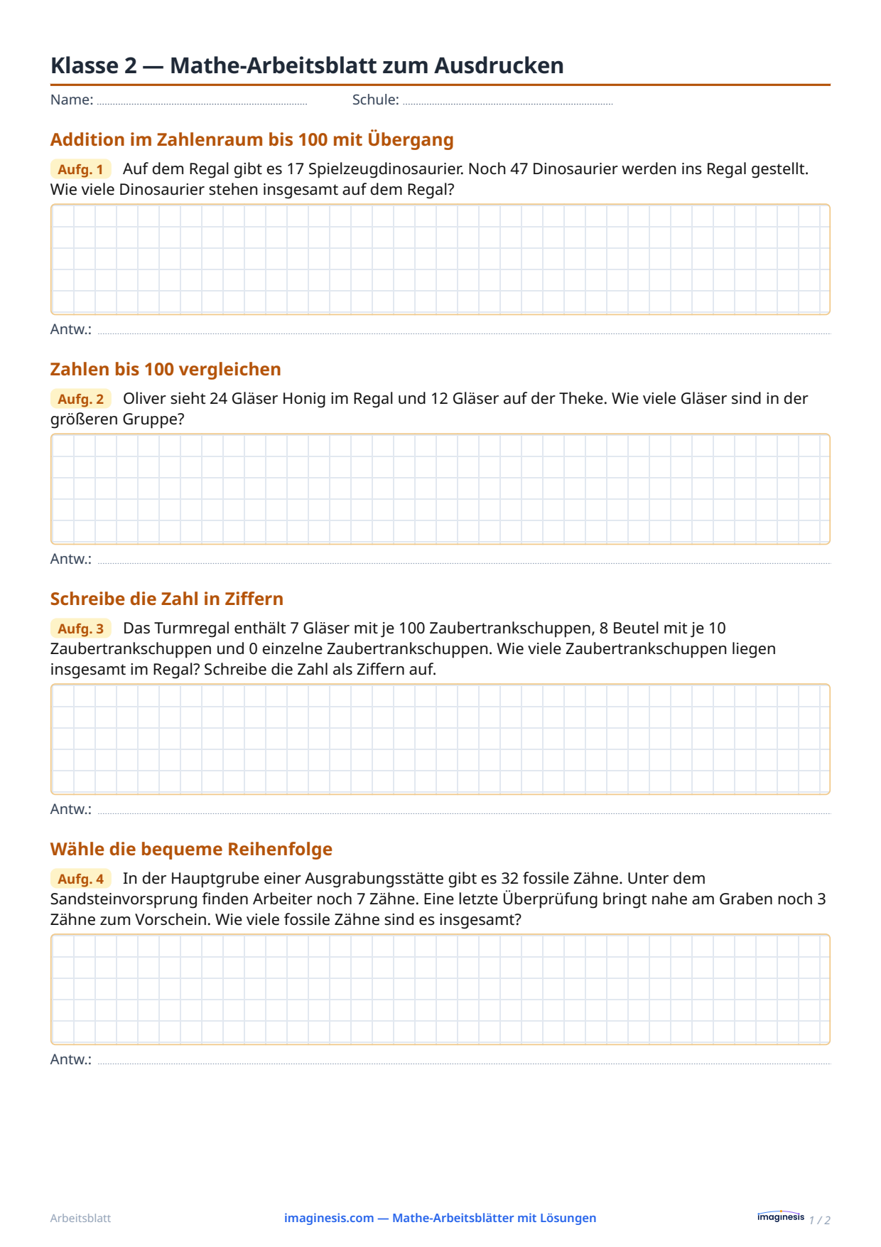 Klasse 2 — Mathe-Arbeitsblatt zum Ausdrucken — Schülerblatt: Mathe-Arbeitsblatt zum Ausdrucken (Klasse 2, Vereinigtes Königreich)
