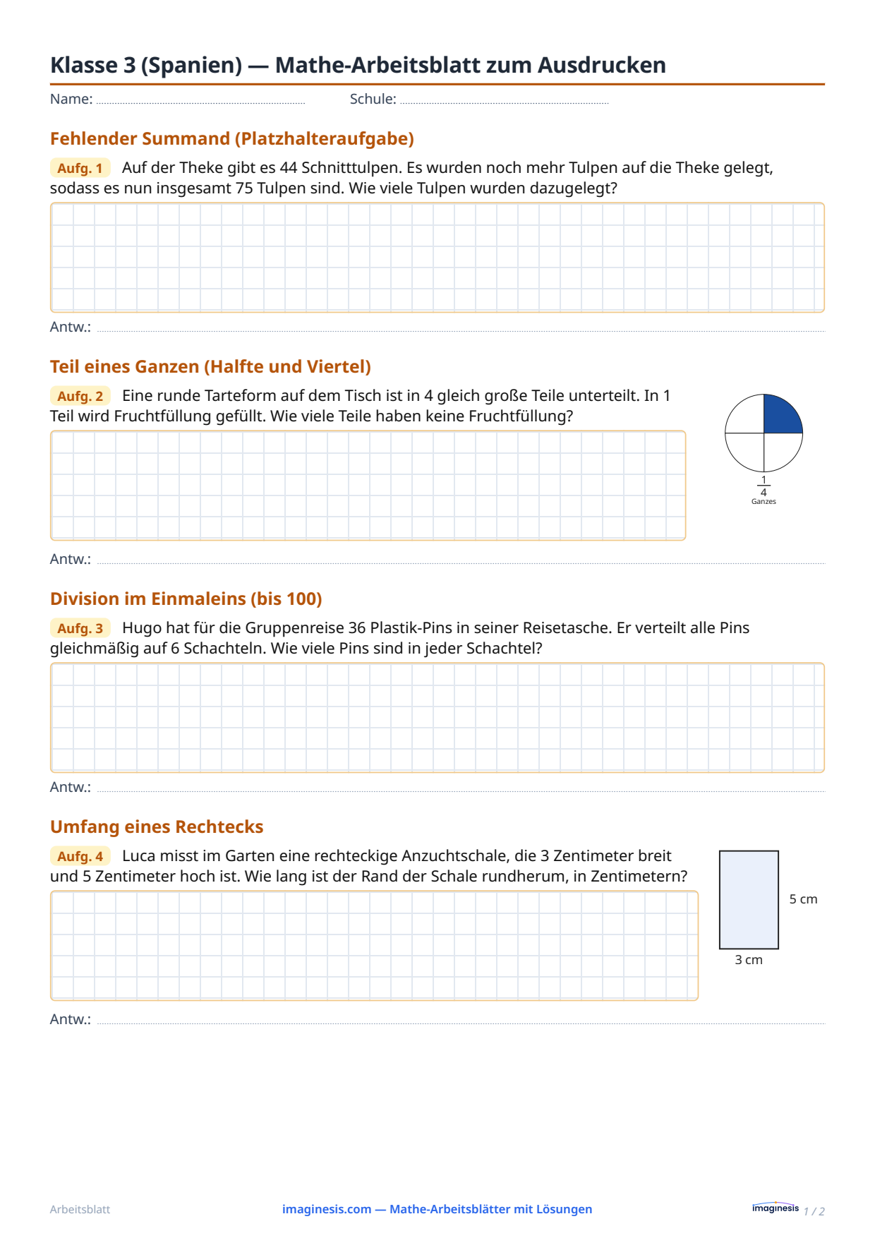 Klasse 3 (Spanien) — Mathe-Arbeitsblatt zum Ausdrucken — Schülerblatt: Mathe-Arbeitsblatt zum Ausdrucken (Klasse 3, Spanien)