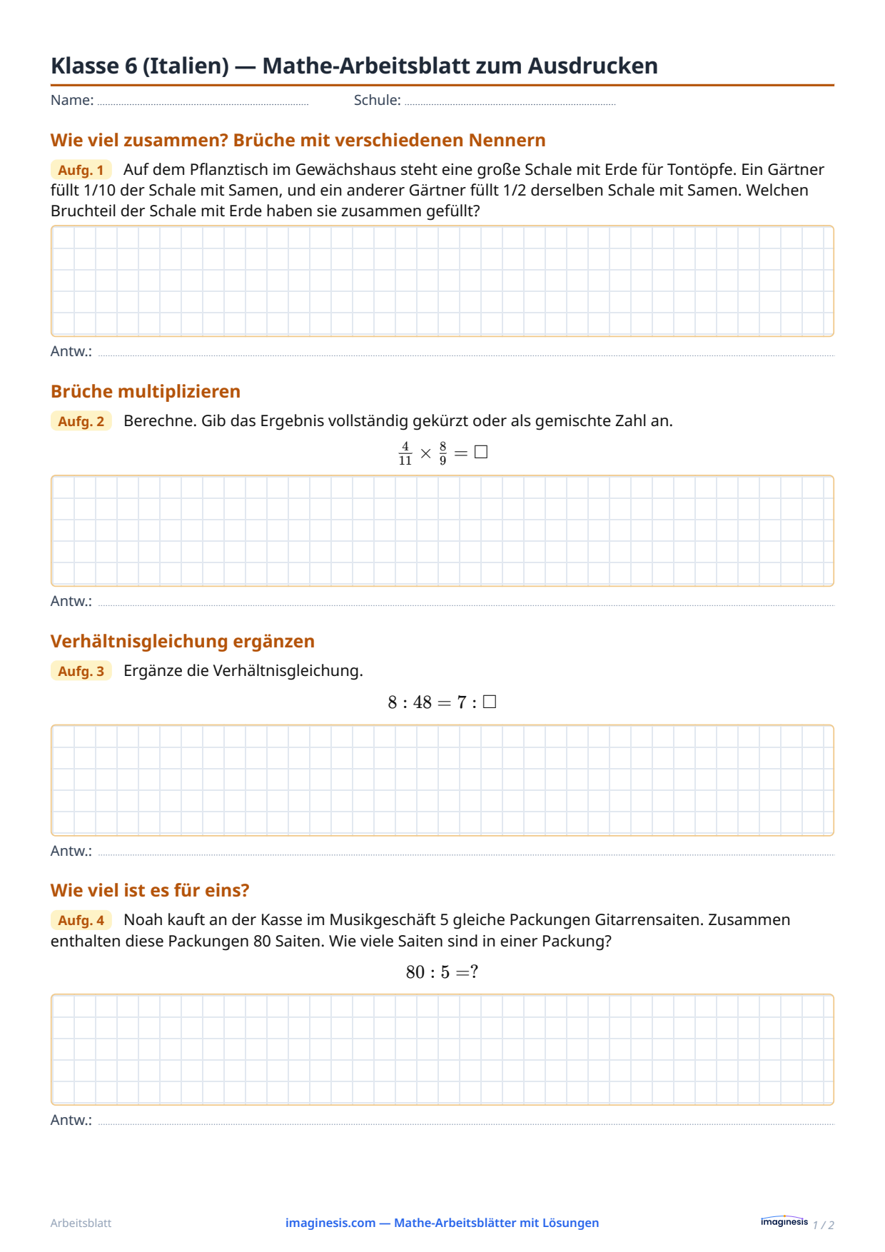 Klasse 6 (Italien) — Mathe-Arbeitsblatt zum Ausdrucken — Schülerblatt: Mathe-Arbeitsblatt zum Ausdrucken (Klasse 6, Italien)