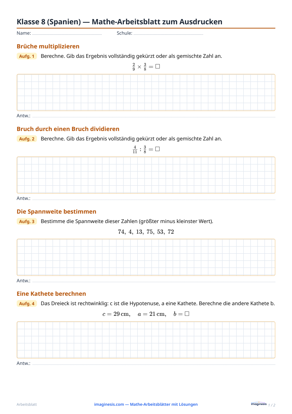 Klasse 8 (Spanien) — Mathe-Arbeitsblatt zum Ausdrucken — Schülerblatt: Mathe-Arbeitsblatt zum Ausdrucken (Klasse 8, Spanien)