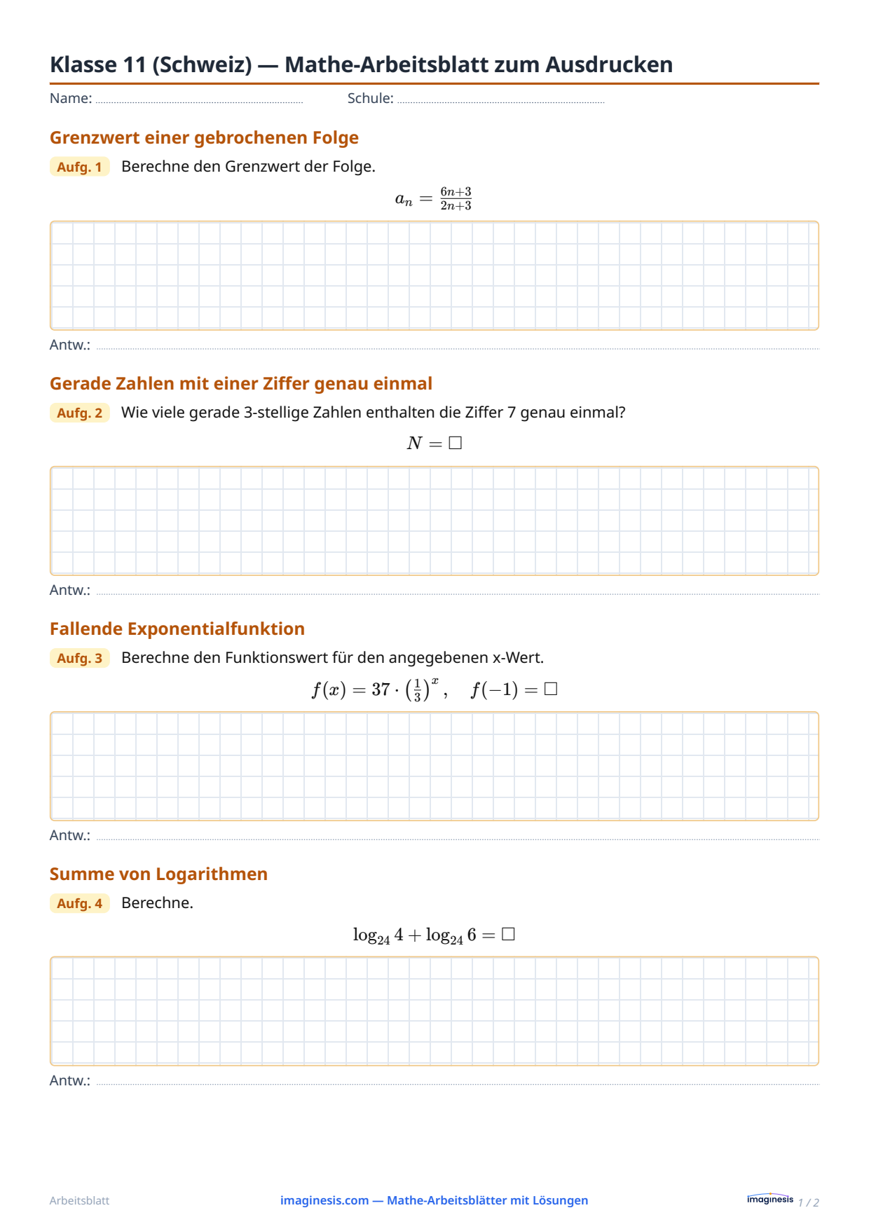 Klasse 11 (Schweiz) — Mathe-Arbeitsblatt zum Ausdrucken — Schülerblatt: Mathe-Arbeitsblatt zum Ausdrucken (3. Klasse Gymnasium, Schweiz)