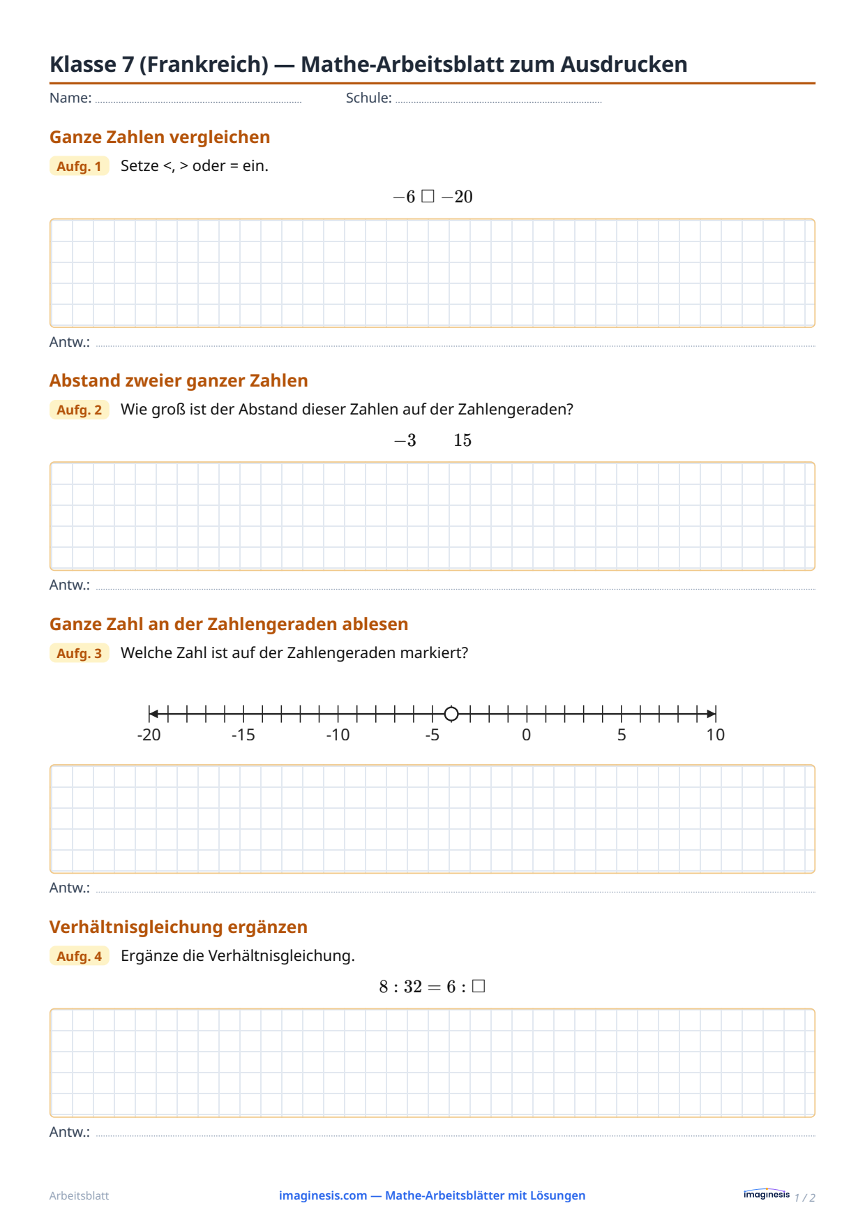 Klasse 7 (Frankreich) — Mathe-Arbeitsblatt zum Ausdrucken — Schülerblatt: Mathe-Arbeitsblatt zum Ausdrucken (Klasse 7, Frankreich)