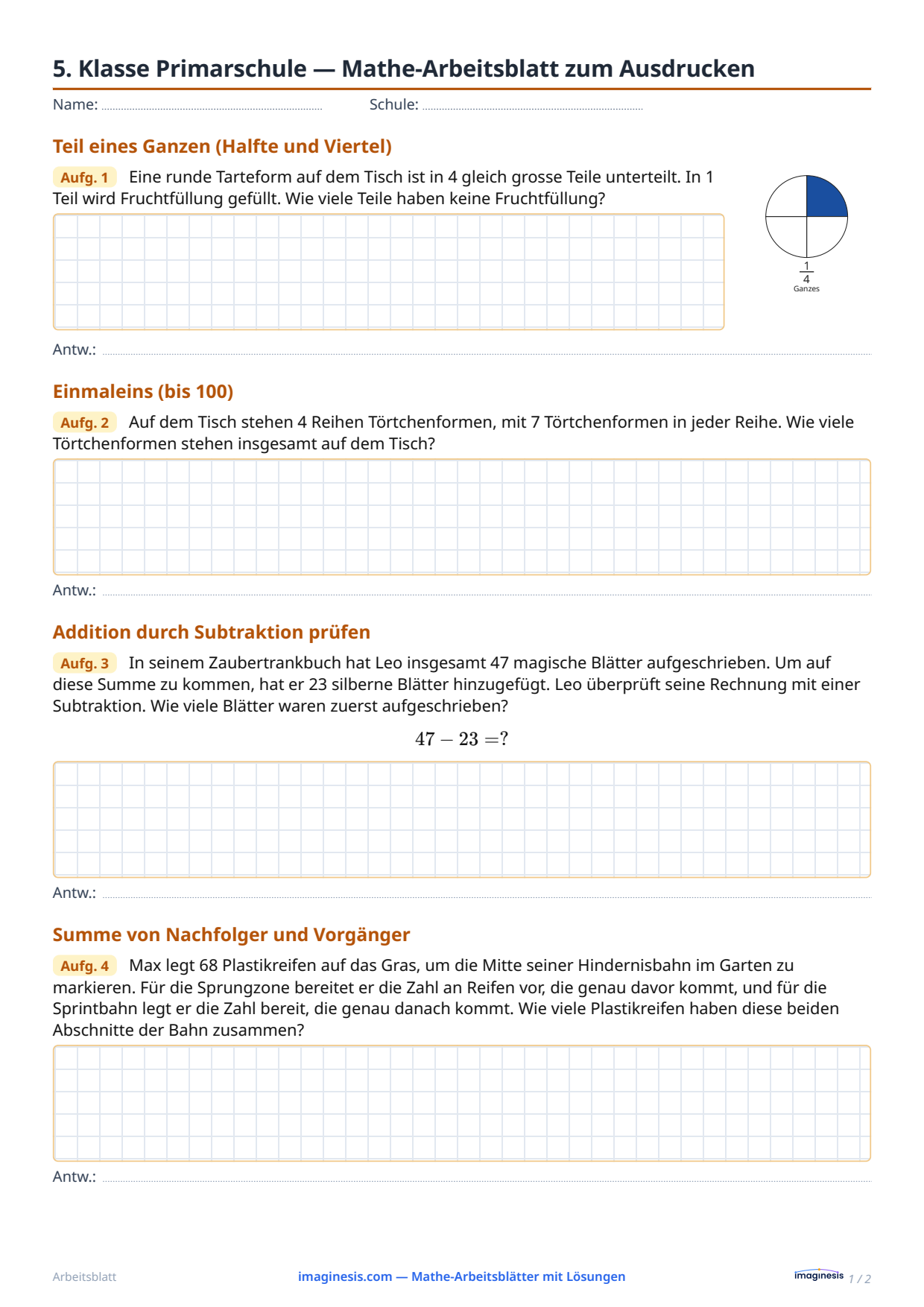 5. Klasse Primarschule — Mathe-Arbeitsblatt zum Ausdrucken — Schülerblatt: Mathe-Arbeitsblatt zum Ausdrucken (5. Klasse Primarschule, Schweiz)