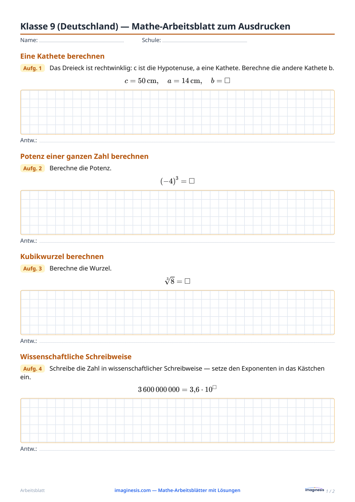 Klasse 9 (Deutschland) — Mathe-Arbeitsblatt zum Ausdrucken — Schülerblatt: Mathe-Arbeitsblatt zum Ausdrucken (Klasse 9, Deutschland)
