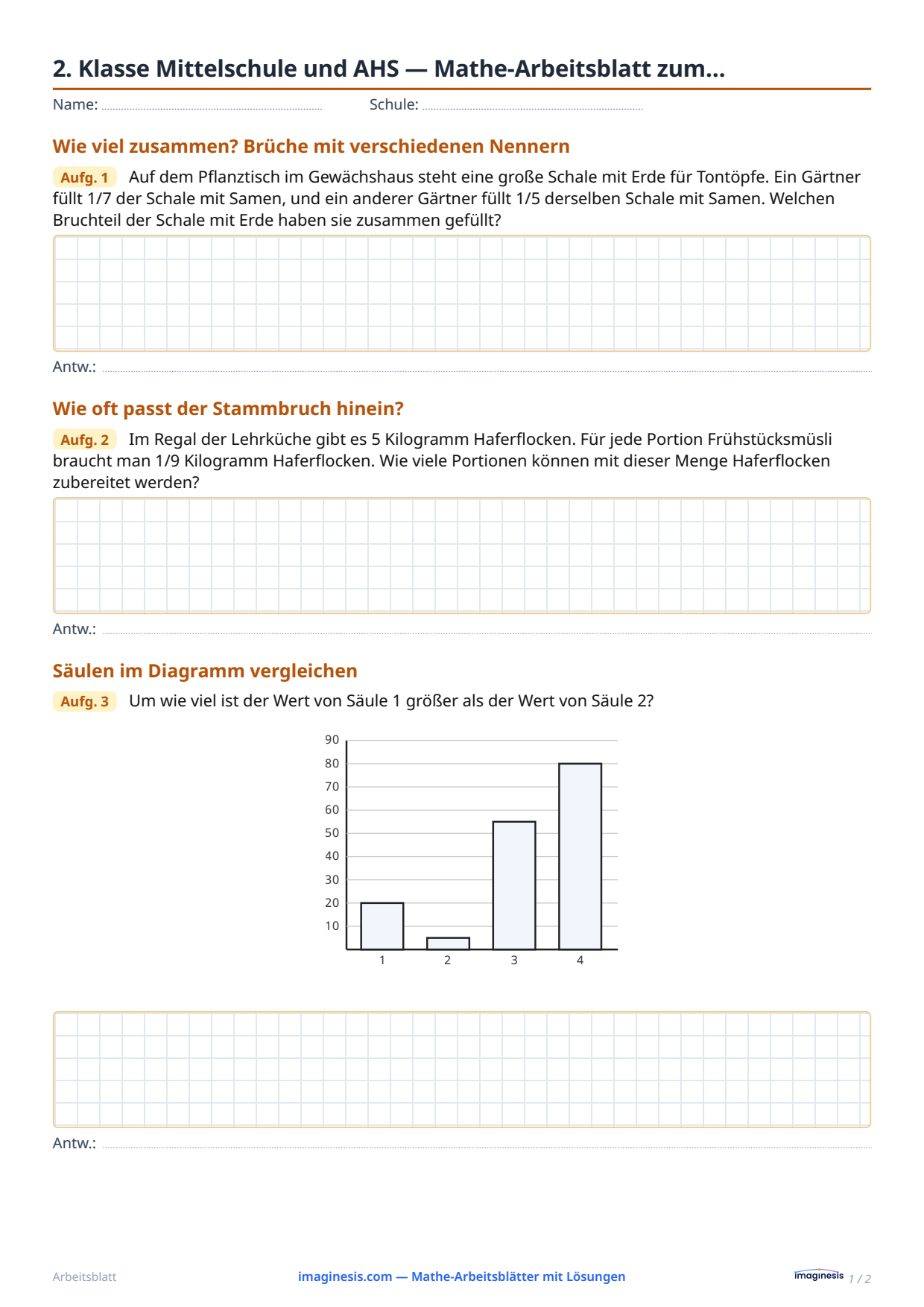 2. Klasse Mittelschule und AHS — Mathe-Arbeitsblatt zum… — Schülerblatt: Mathe-Arbeitsblatt zum Ausdrucken (2. Klasse Mittelschule und AHS, Österreich)