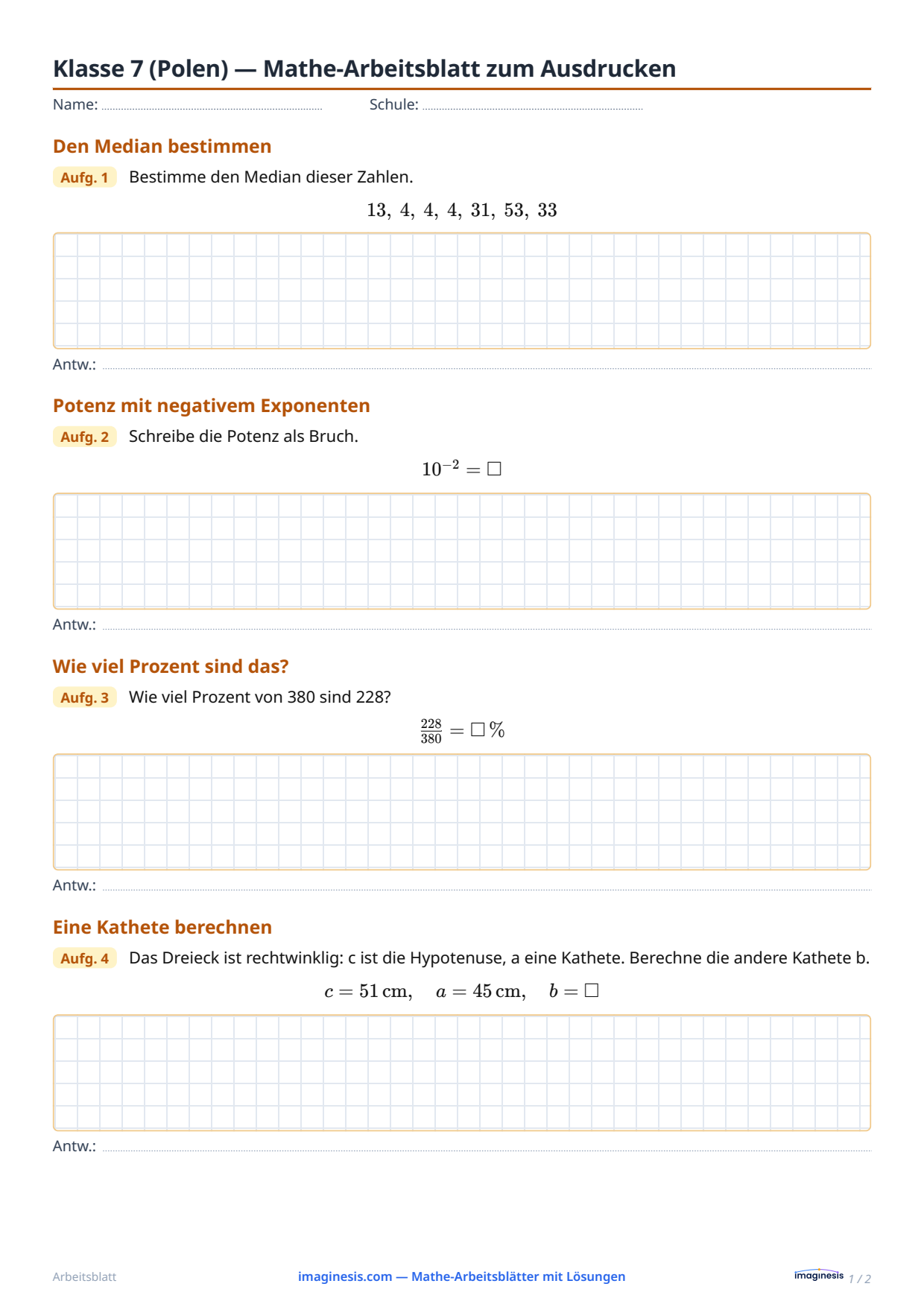 Klasse 7 (Polen) — Mathe-Arbeitsblatt zum Ausdrucken — Schülerblatt: Mathe-Arbeitsblatt zum Ausdrucken (Klasse 7, Polen)