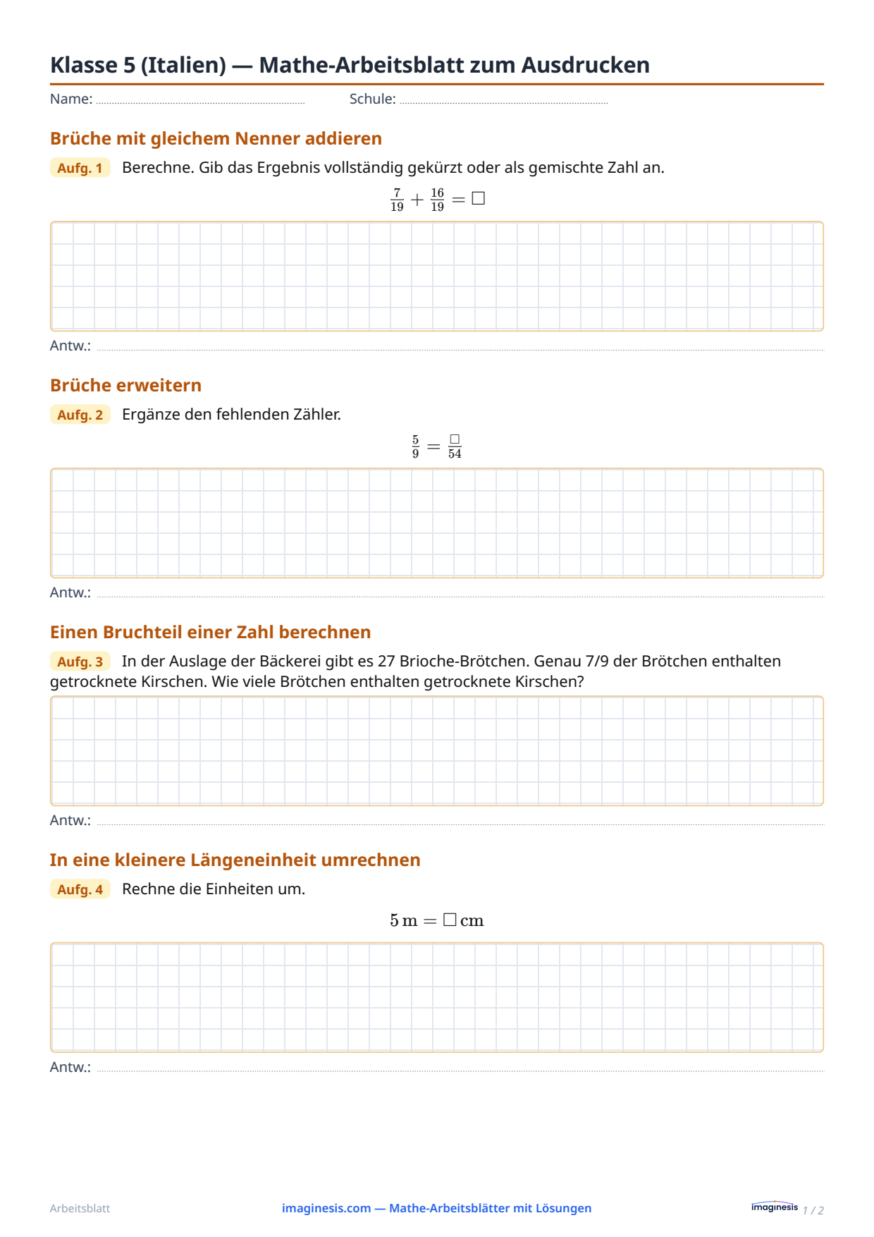 Klasse 5 (Italien) — Mathe-Arbeitsblatt zum Ausdrucken — Schülerblatt: Mathe-Arbeitsblatt zum Ausdrucken (Klasse 5, Italien)
