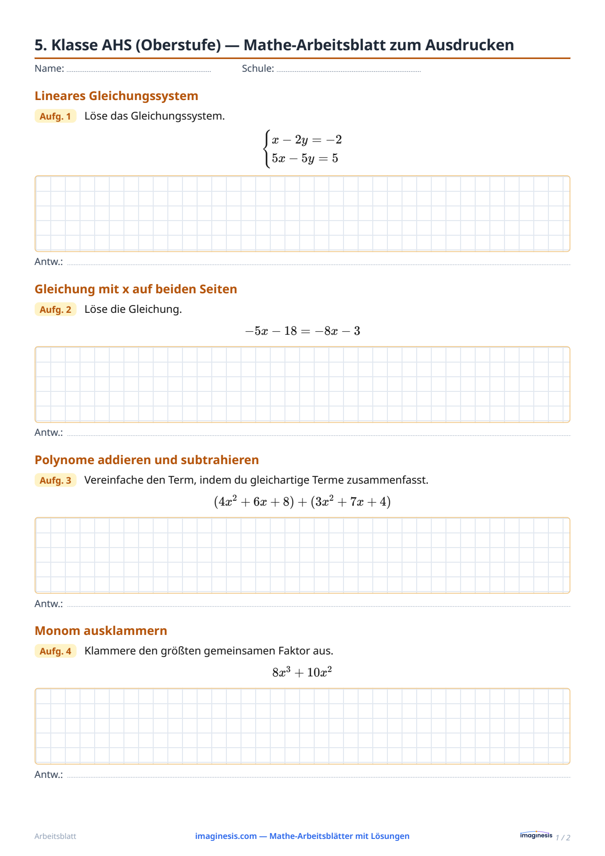5. Klasse AHS (Oberstufe) — Mathe-Arbeitsblatt zum Ausdrucken — Schülerblatt: Mathe-Arbeitsblatt zum Ausdrucken (5. Klasse AHS (Oberstufe), Österreich)