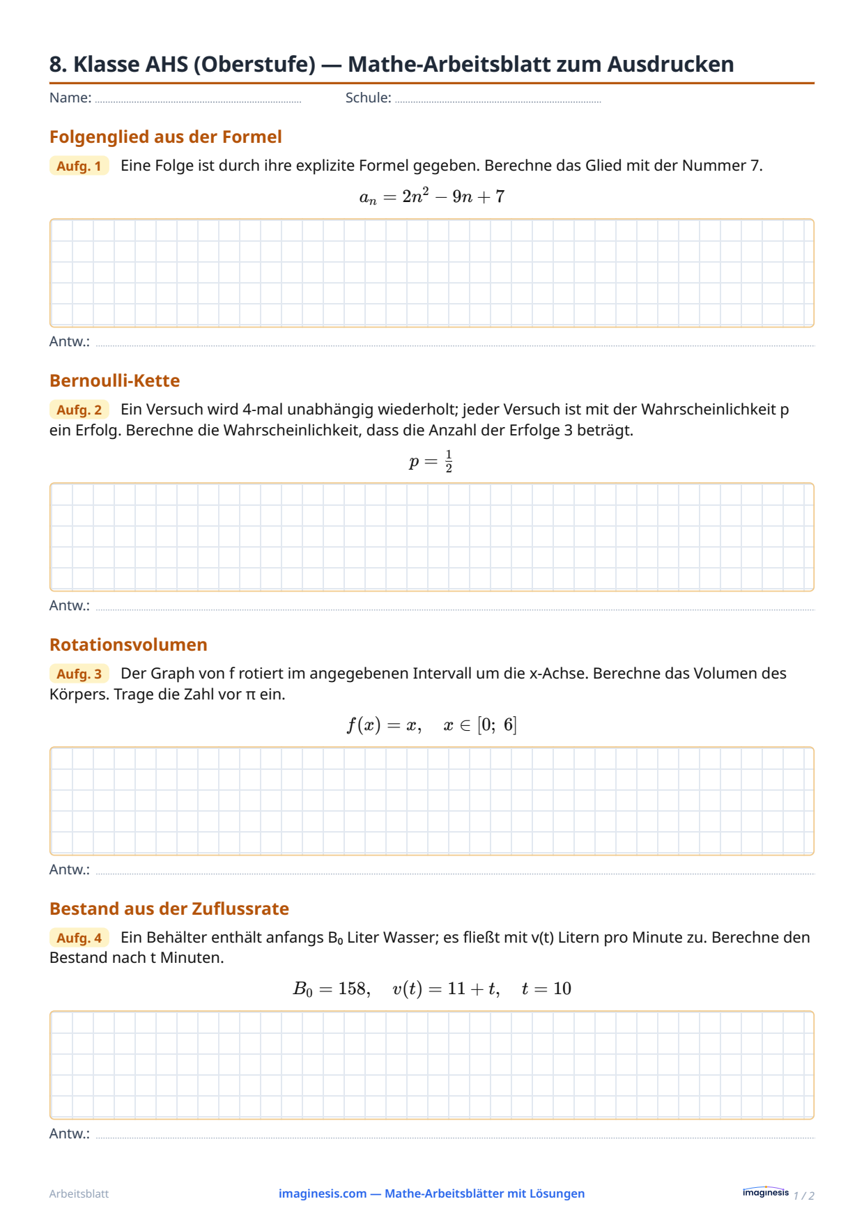 8. Klasse AHS (Oberstufe) — Mathe-Arbeitsblatt zum Ausdrucken — Schülerblatt: Mathe-Arbeitsblatt zum Ausdrucken (8. Klasse AHS (Oberstufe), Österreich)
