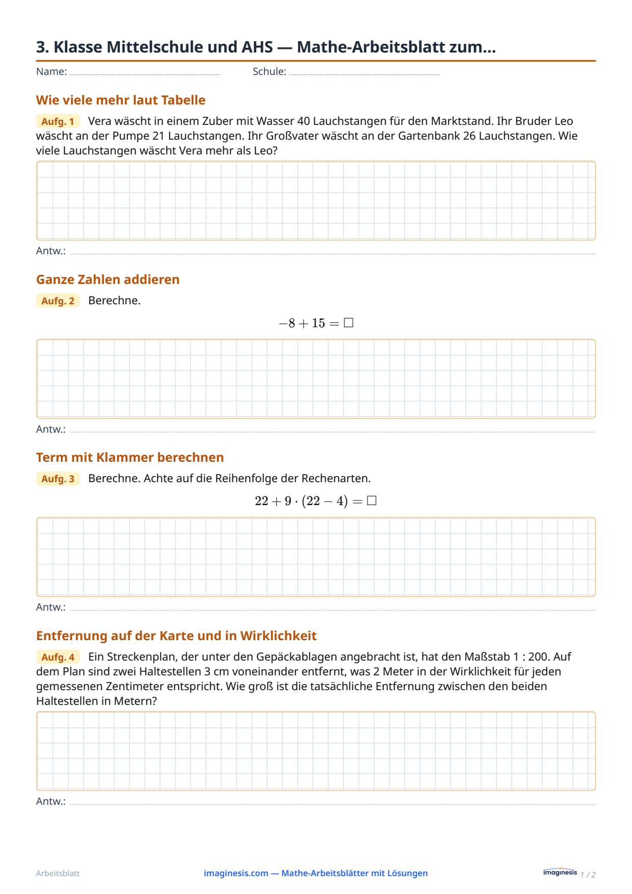3. Klasse Mittelschule und AHS — Mathe-Arbeitsblatt zum… — Schülerblatt: Mathe-Arbeitsblatt zum Ausdrucken (3. Klasse Mittelschule und AHS, Österreich)