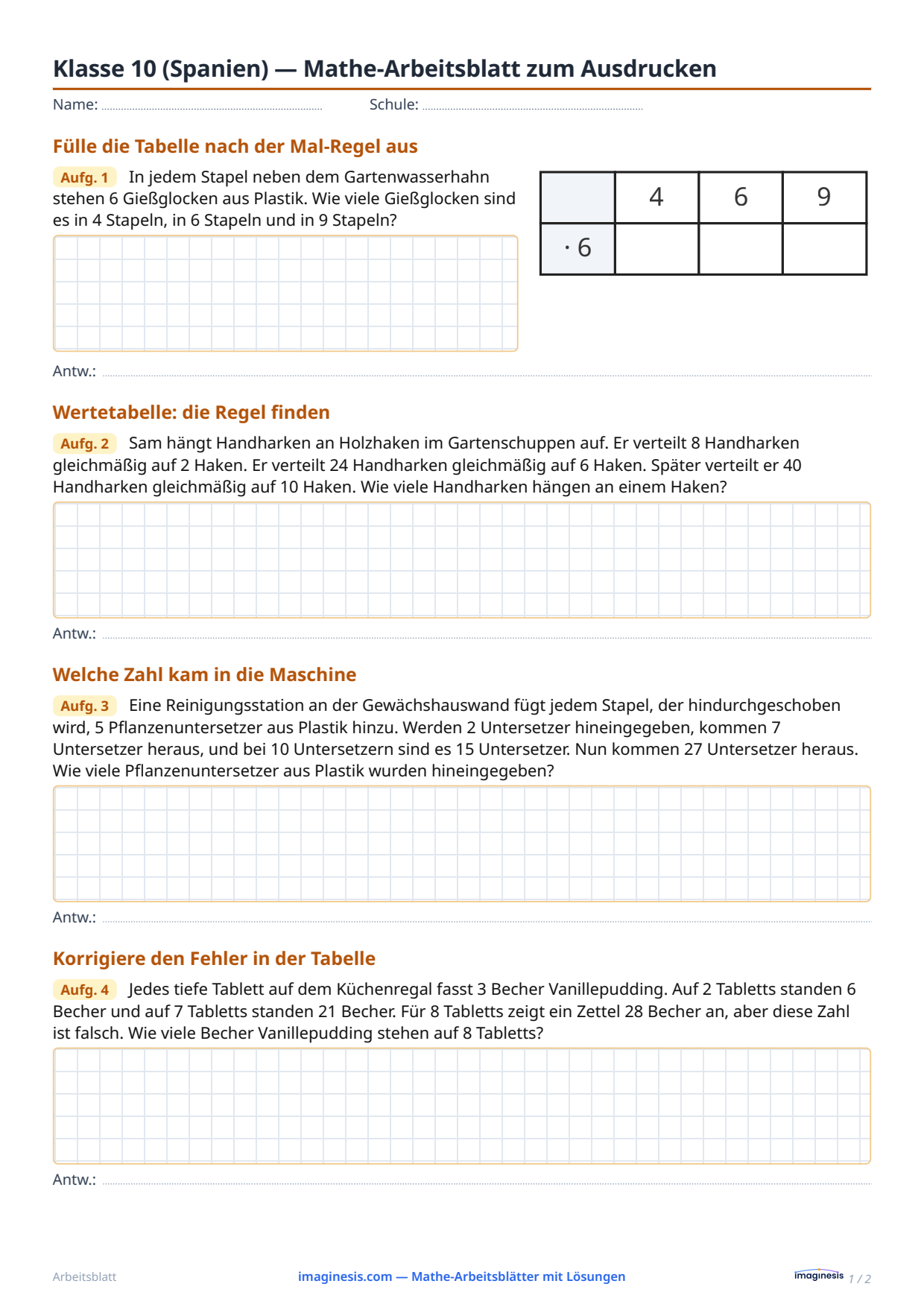 Klasse 10 (Spanien) — Mathe-Arbeitsblatt zum Ausdrucken — Schülerblatt: Mathe-Arbeitsblatt zum Ausdrucken (Klasse 10, Spanien)