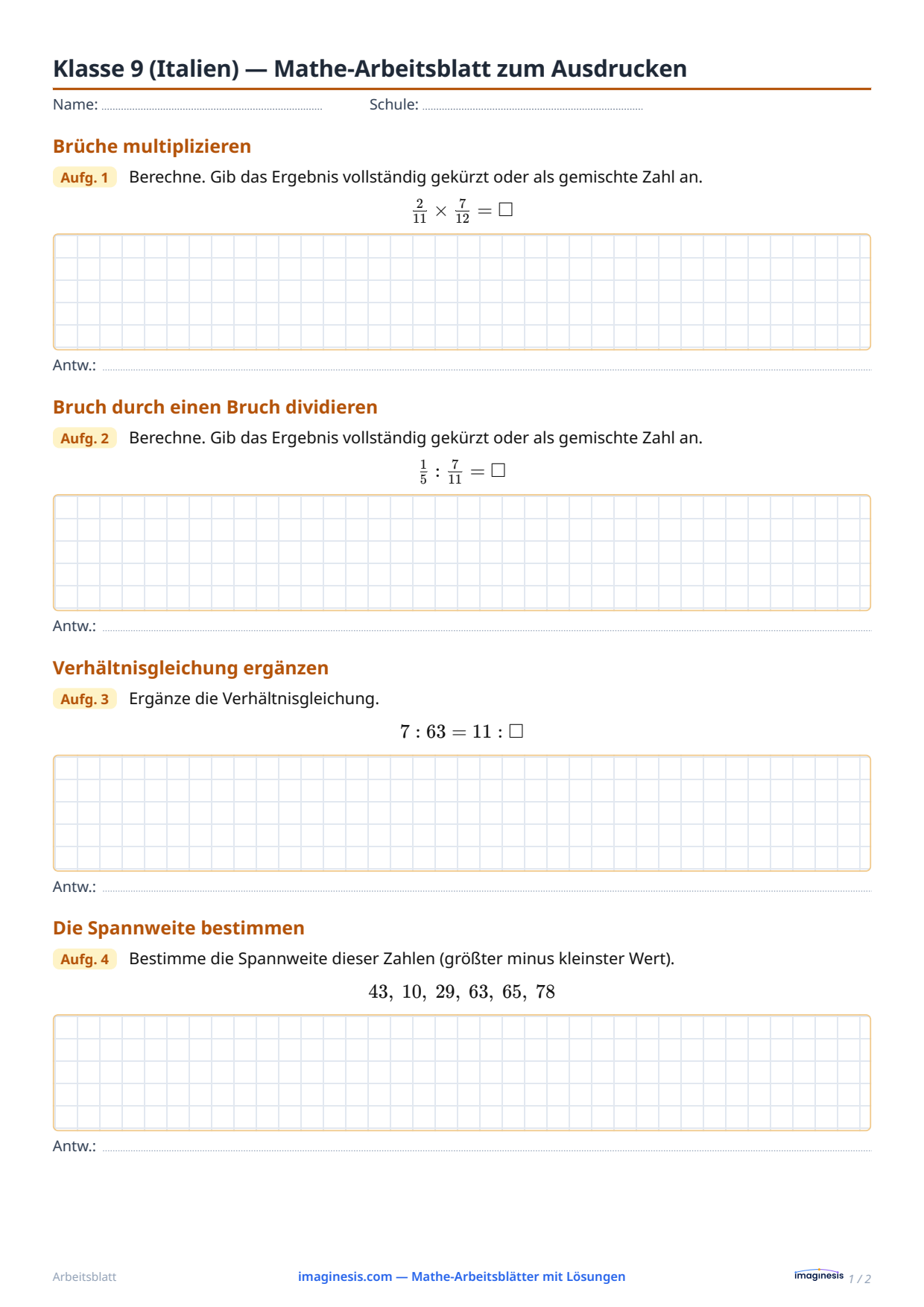 Klasse 9 (Italien) — Mathe-Arbeitsblatt zum Ausdrucken — Schülerblatt: Mathe-Arbeitsblatt zum Ausdrucken (Klasse 9, Italien)