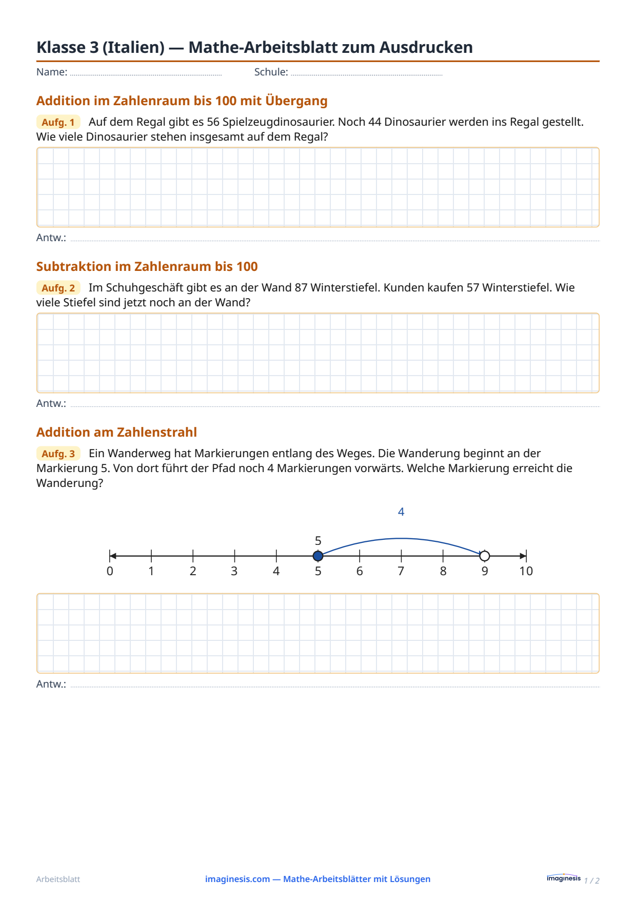 Klasse 3 (Italien) — Mathe-Arbeitsblatt zum Ausdrucken — Schülerblatt: Mathe-Arbeitsblatt zum Ausdrucken (Klasse 3, Italien)