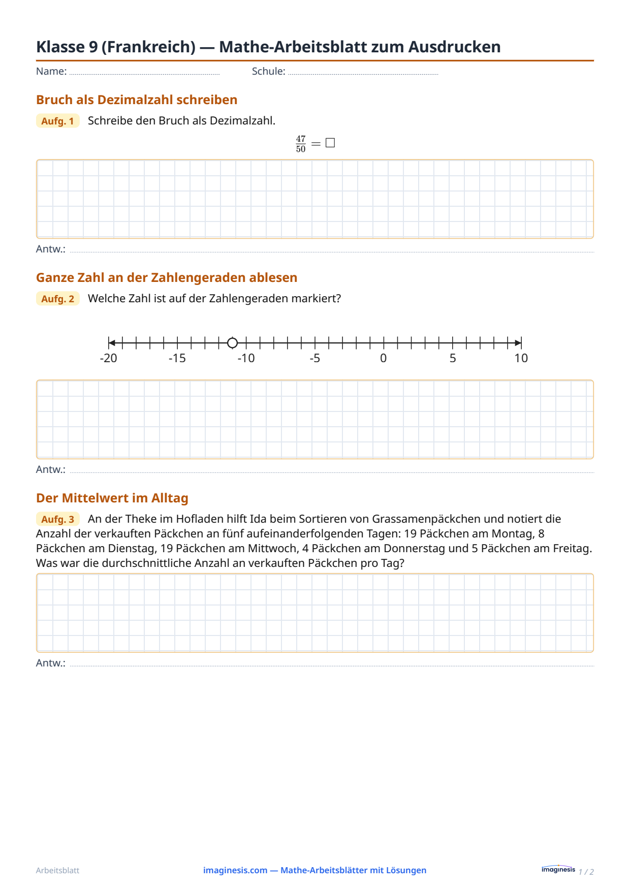 Klasse 9 (Frankreich) — Mathe-Arbeitsblatt zum Ausdrucken — Schülerblatt: Mathe-Arbeitsblatt zum Ausdrucken (Klasse 9, Frankreich)