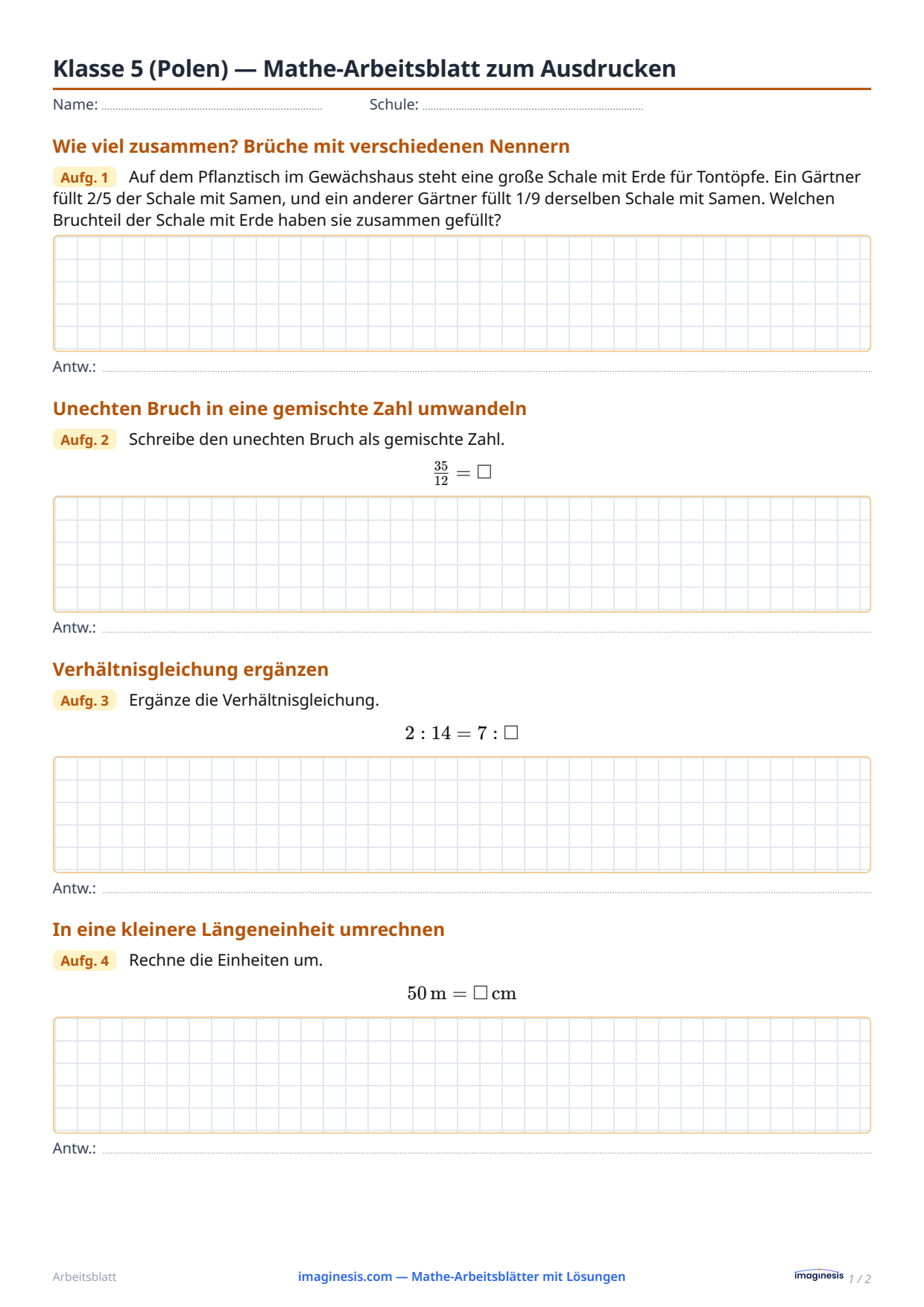 Klasse 5 (Polen) — Mathe-Arbeitsblatt zum Ausdrucken — Schülerblatt: Mathe-Arbeitsblatt zum Ausdrucken (Klasse 5, Polen)