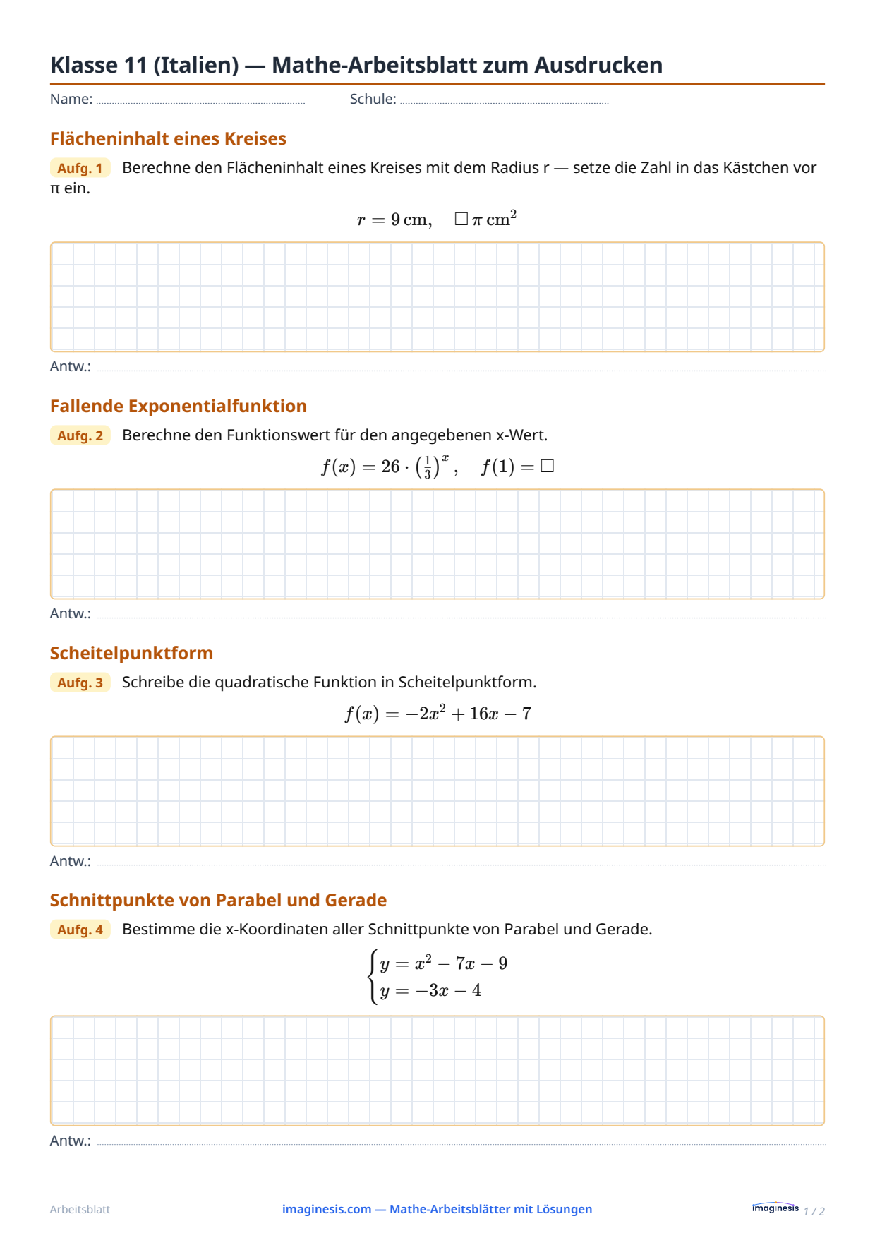 Klasse 11 (Italien) — Mathe-Arbeitsblatt zum Ausdrucken — Schülerblatt: Mathe-Arbeitsblatt zum Ausdrucken (Klasse 11, Italien)