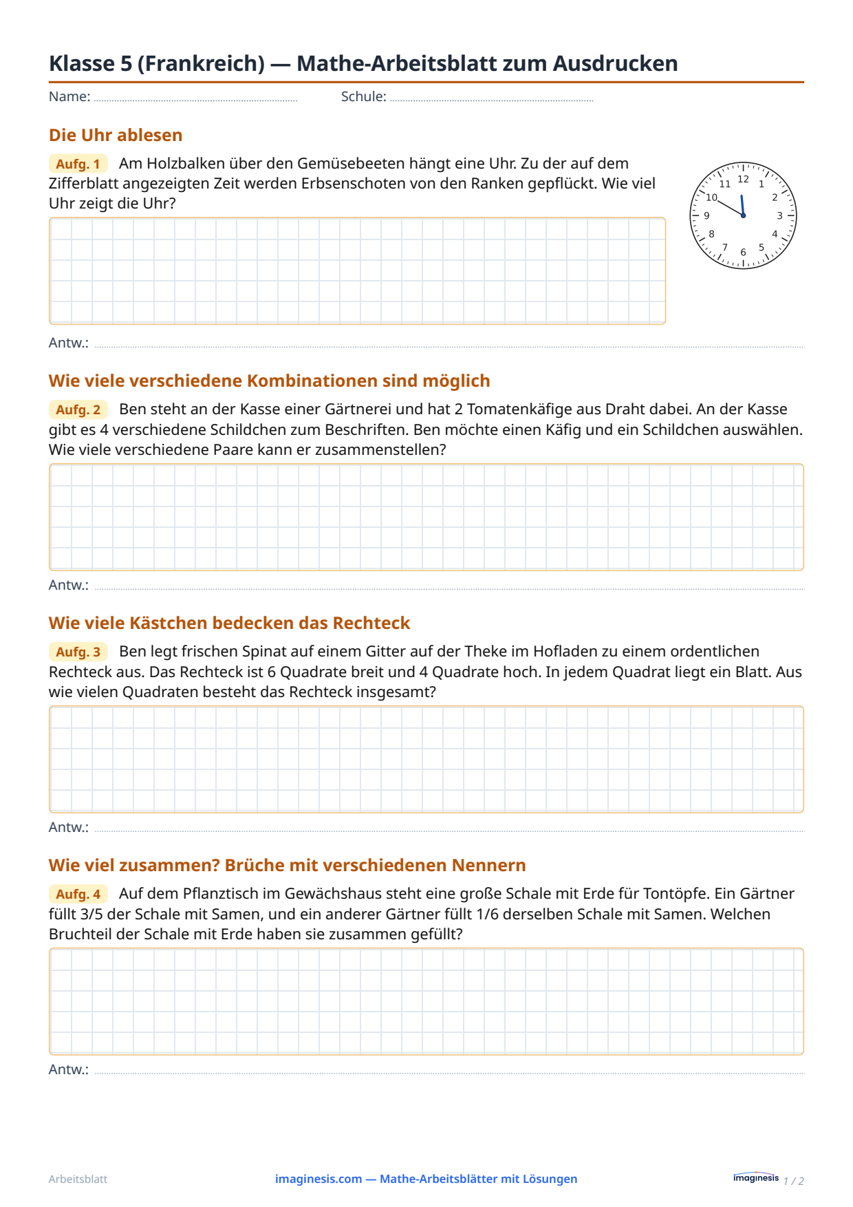 Klasse 5 (Frankreich) — Mathe-Arbeitsblatt zum Ausdrucken — Schülerblatt: Mathe-Arbeitsblatt zum Ausdrucken (Klasse 5, Frankreich)