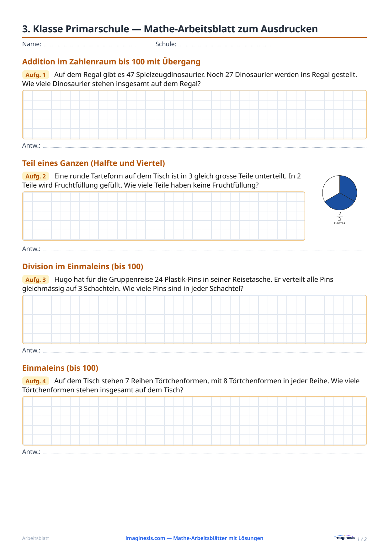 3. Klasse Primarschule — Mathe-Arbeitsblatt zum Ausdrucken — Schülerblatt: Mathe-Arbeitsblatt zum Ausdrucken (3. Klasse Primarschule, Schweiz)