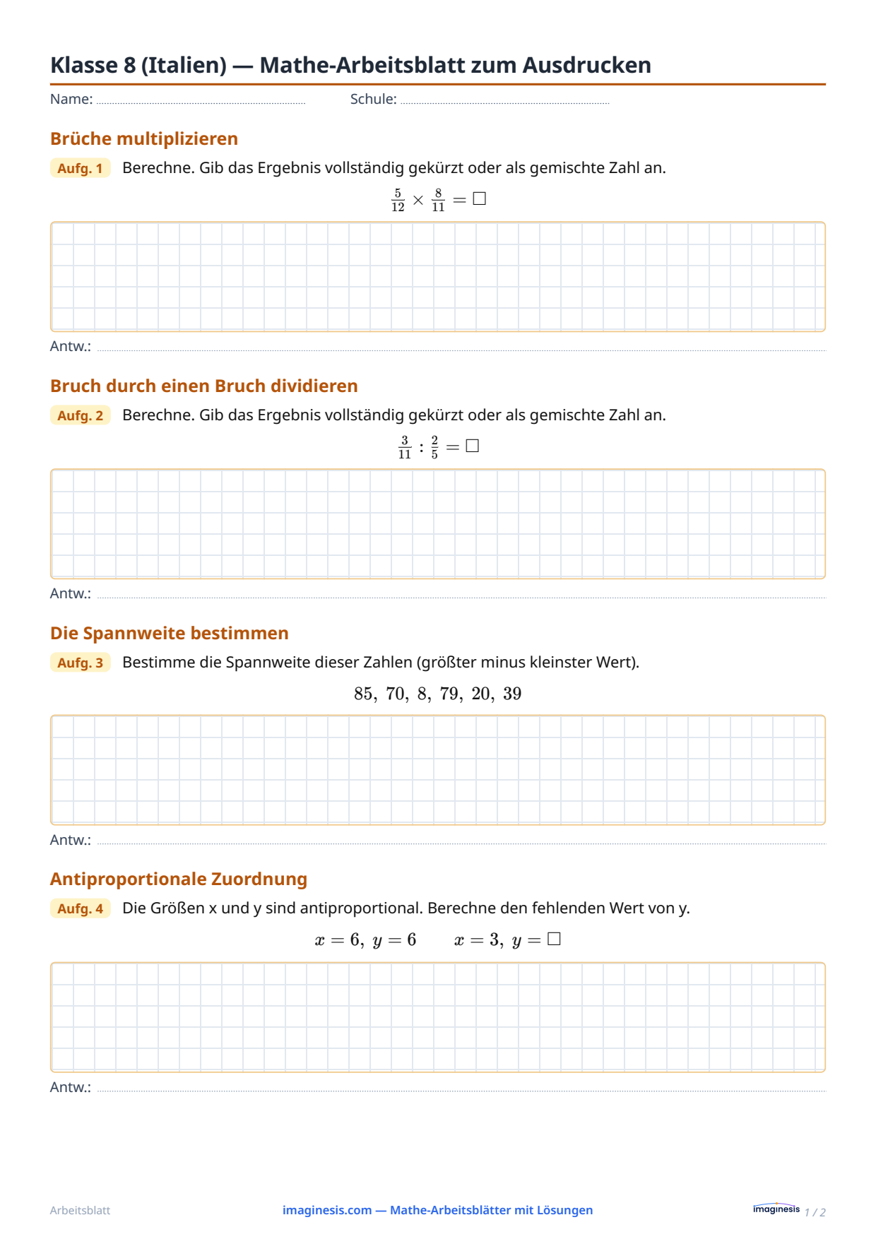 Klasse 8 (Italien) — Mathe-Arbeitsblatt zum Ausdrucken — Schülerblatt: Mathe-Arbeitsblatt zum Ausdrucken (Klasse 8, Italien)