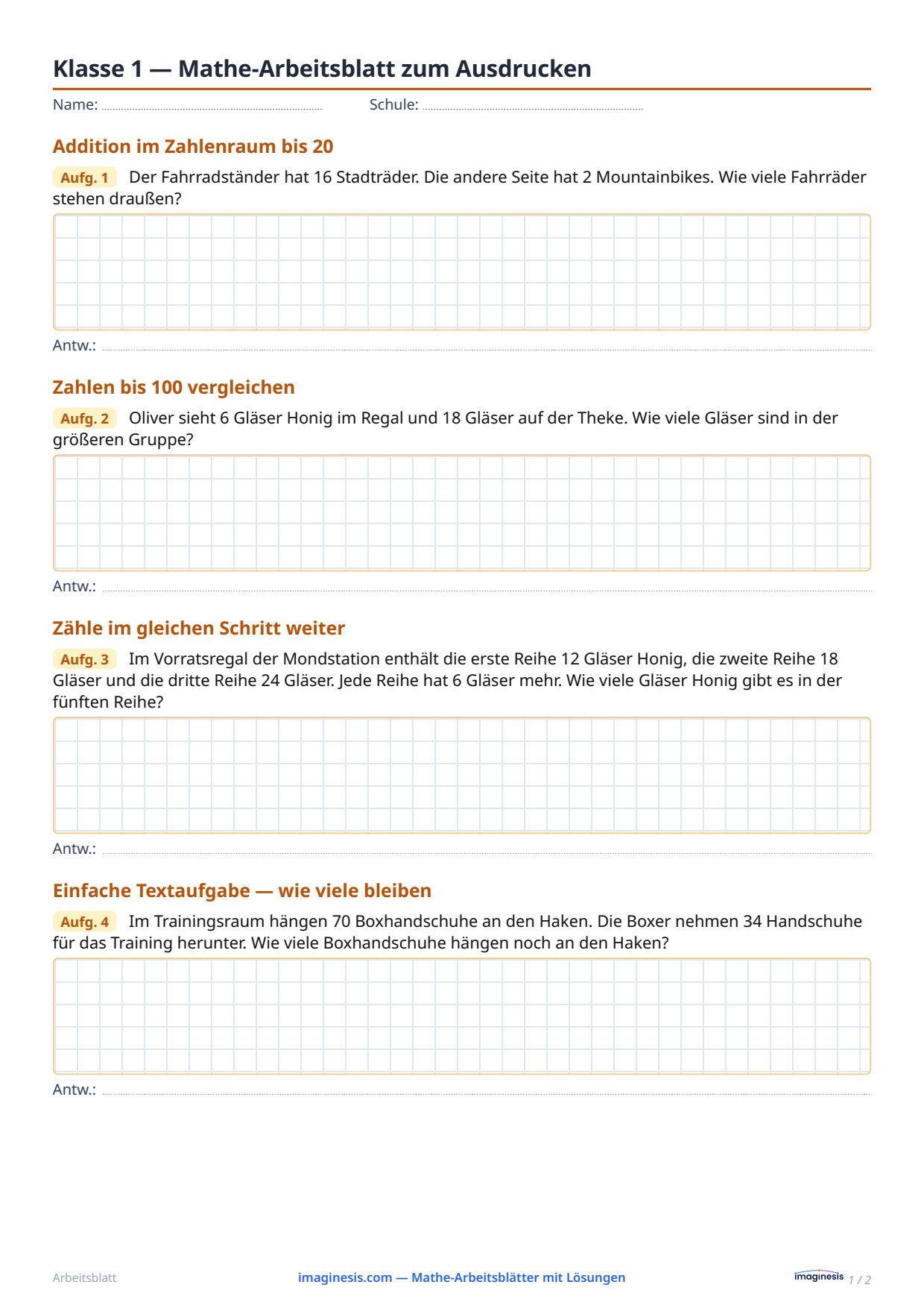 Klasse 1 — Mathe-Arbeitsblatt zum Ausdrucken — Schülerblatt: Mathe-Arbeitsblatt zum Ausdrucken (Klasse 1, Vereinigtes Königreich)