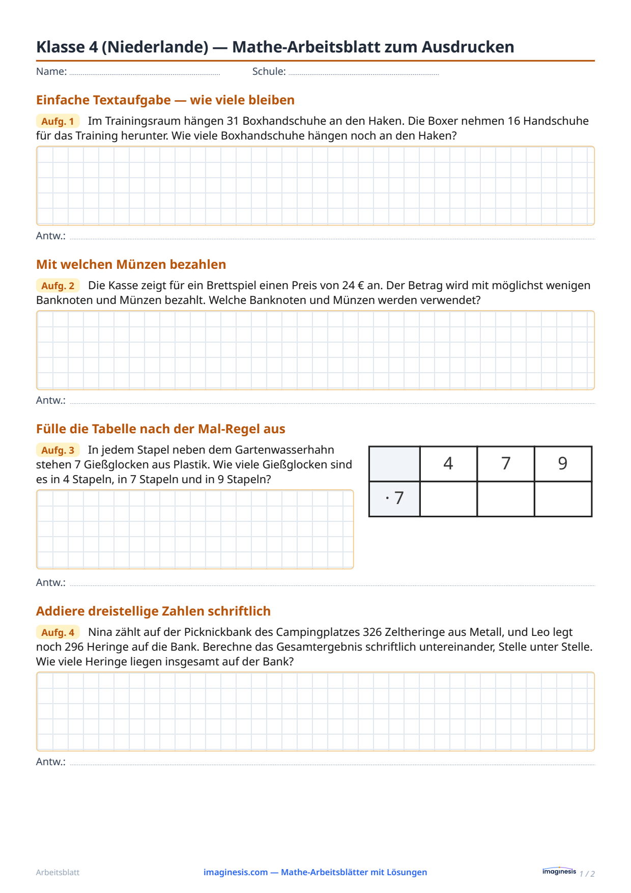 Klasse 4 (Niederlande) — Mathe-Arbeitsblatt zum Ausdrucken — Schülerblatt: Mathe-Arbeitsblatt zum Ausdrucken (Klasse 4, Niederlande)