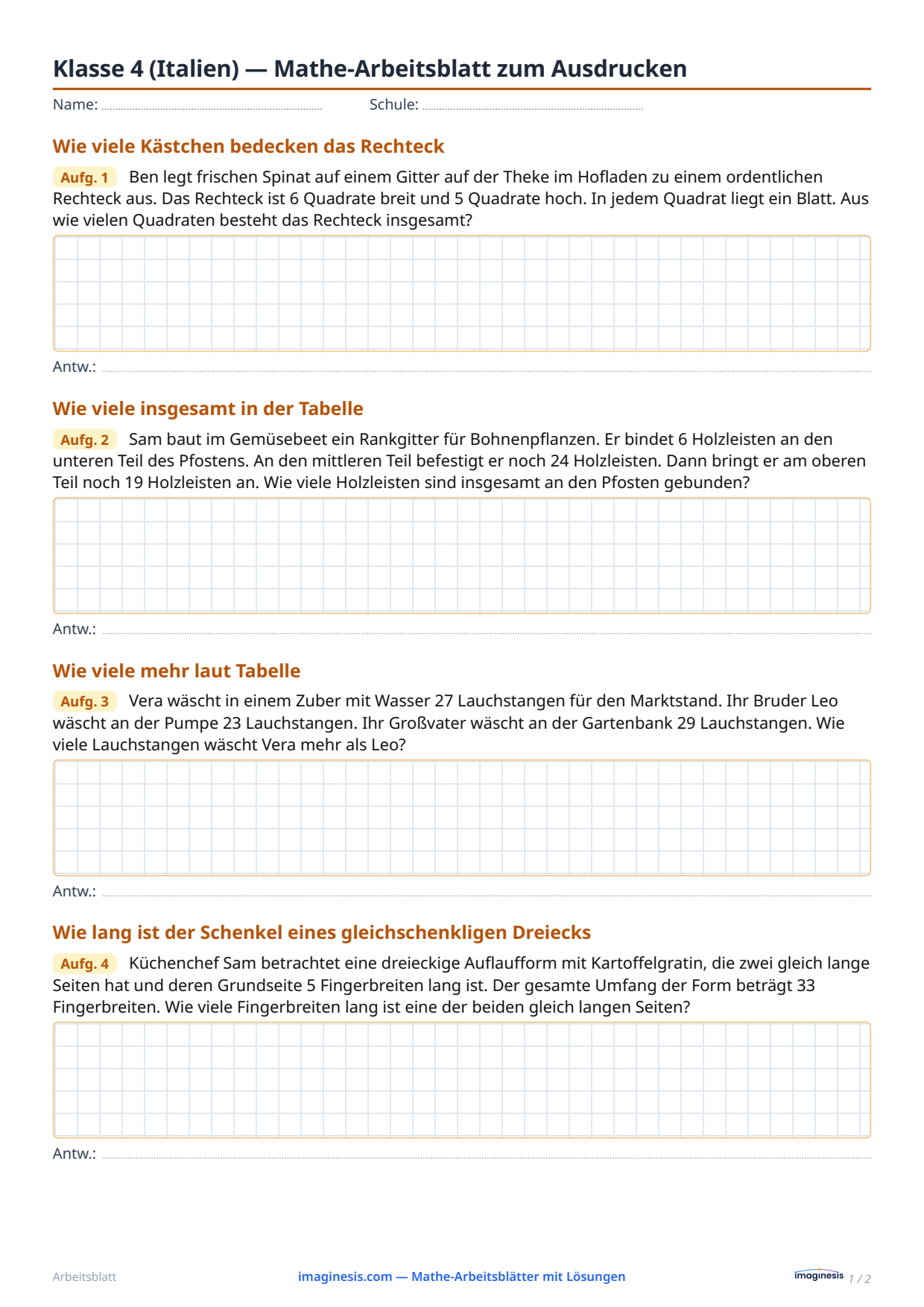 Klasse 4 (Italien) — Mathe-Arbeitsblatt zum Ausdrucken — Schülerblatt: Mathe-Arbeitsblatt zum Ausdrucken (Klasse 4, Italien)